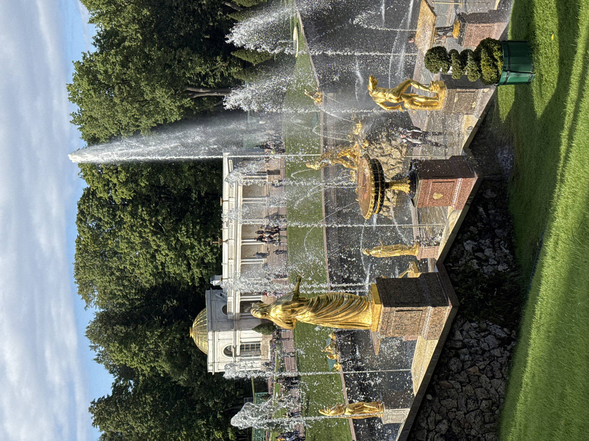 The image depicts the Grand Cascade fountain complex in Peterhof, Russia, under a partly cloudy sky. The foreground features a manicured green lawn with a tall, conical topiary in a green planter. A stone retaining wall separates the lawn from a stepped fountain area.
The main subject is the Grand Cascade, a tiered fountain adorned with numerous gilded sculptures. In the mid-ground, a prominent gilded statue of Samson slaying a lion stands at the highest point, with a powerful jet of water erupting from the lion's mouth. Water cascades down multiple levels, falling into basins and splashing around various allegorical sculptures. Several golden figures are visible, including a statue of a woman with her arms outstretched in the foreground, and other figures representing mythological scenes.
Behind the fountain, a long, colonnaded building with a golden dome is visible. This is likely the Grand Peterhof Palace or an associated pavilion. People are scattered throughout the scene, observing the fountains and the architecture. The background is filled with lush, green trees, characteristic of the Peterhof Palace's park. The overall impression is one of grandeur and a meticulously maintained historical landscape.