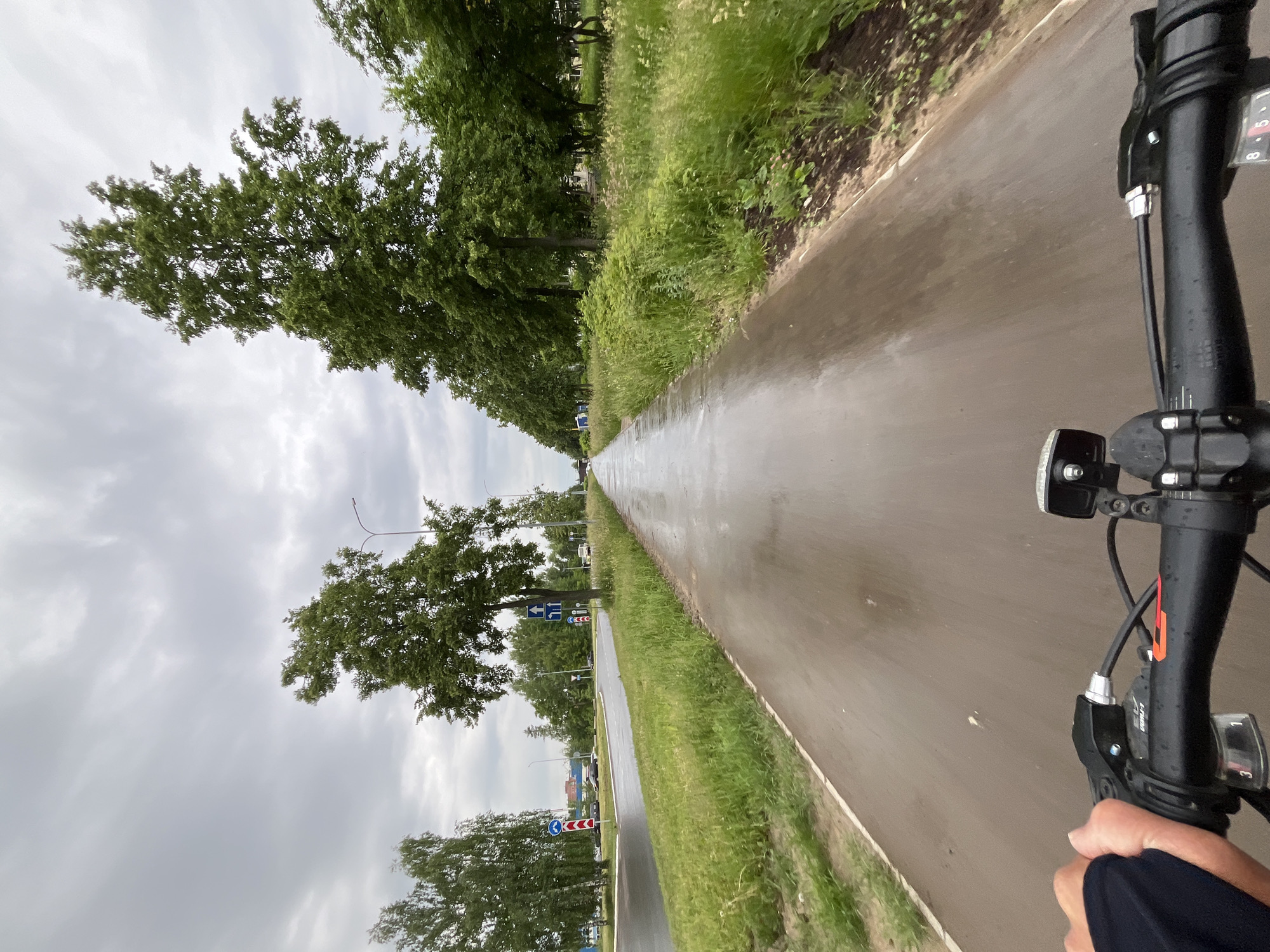 The image, captured in Chaikovsky, Russia, presents a first-person view from a bicycle handlebar looking down a wet paved path. The path, likely a bicycle lane or a quiet road, appears dark and reflective, indicating recent rain. Lush green grass borders the path on both sides. To the left, a row of mature trees with dense green foliage lines the path, creating a natural canopy. Beyond these trees, a parallel road is visible in the distance, featuring several road signs and some distant vehicles or structures.
The sky is heavily overcast with uniform grey clouds, suggesting a cloudy day, possibly after or during a break in rainfall. The lighting is soft and diffused. In the immediate foreground, a person's hand is visible gripping the right handlebar of the bicycle. A bicycle shifter/brake lever assembly, a small light or reflector, and visible cables are attached to the handlebar. Text "L-TWOO" is faintly visible on the shifter housing, and a gear indicator displaying "1-3" is present.
The scene depicts a calm moment on a cycling route, characterized by the damp environment and the quiet atmosphere following the rain. The long, straight path recedes into the distance, framed by nature and hints of urban infrastructure.