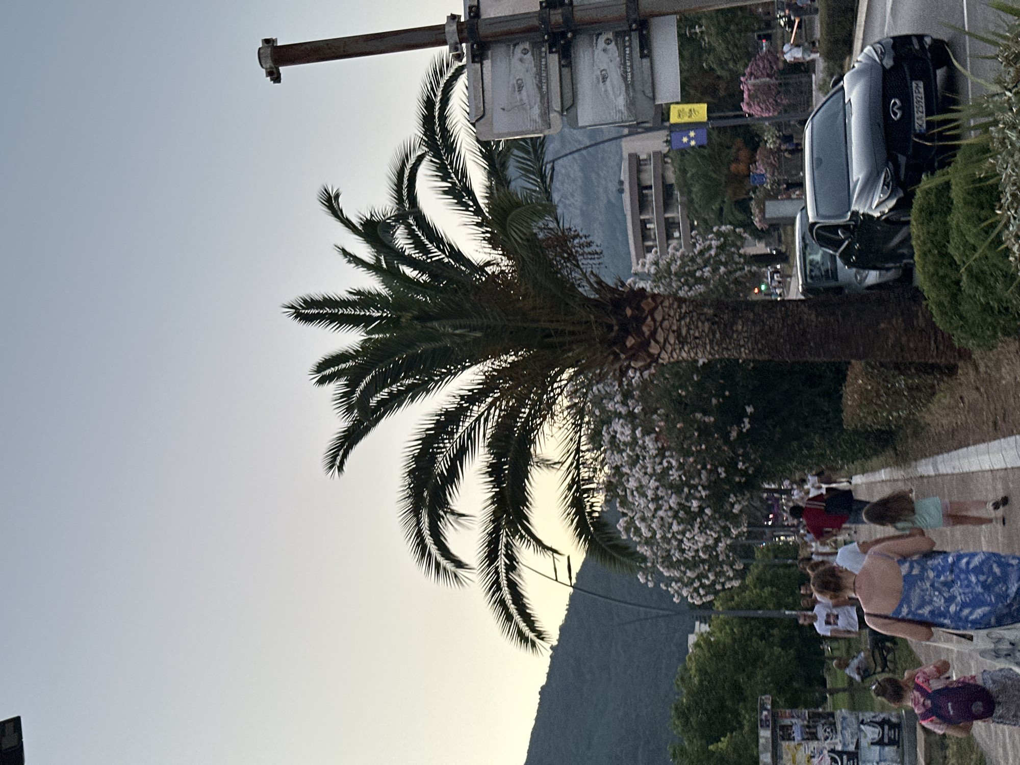 A street scene in Budva, Montenegro, features a sidewalk lined with people and palm trees. The sky is overcast and pale. On the right, a black Infiniti QX30 is parked on the side of a road, partially obscured by a palm tree. A metal pole with signs is to the right of the car. On the sidewalk, a woman in a blue dress walks with two children, one carrying a purple backpack. In the background, a hill is visible, and buildings line the street. The street appears to be a promenade or pedestrian walkway.