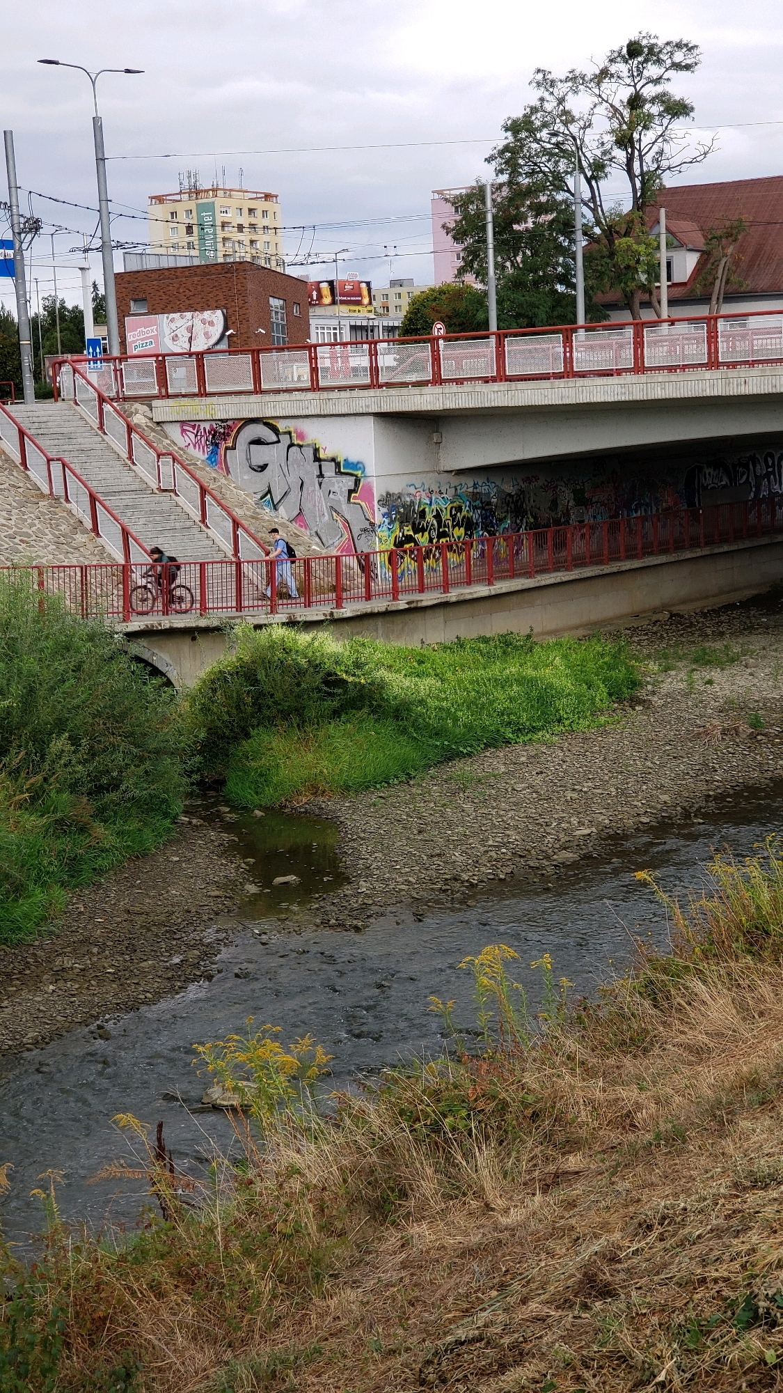 The image shows a view of a bridge and a shallow, rocky riverbed with a small stream flowing through it. The bridge has red railings and is covered in graffiti on its underside. A paved walkway with stairs leads up to the bridge, also adorned with graffiti. On the walkway, a person is seen cycling, and another person is walking. Lush green vegetation grows along the riverbanks and on the slopes leading up to the bridge. In the background, there are several buildings, including a multi-story building with antennas on its roof, and a building with a red roof. The sky is overcast. The location appears to be in the city of Prešov, Slovakia, specifically on the bridge over the Torysa River near the Solivarská street.
