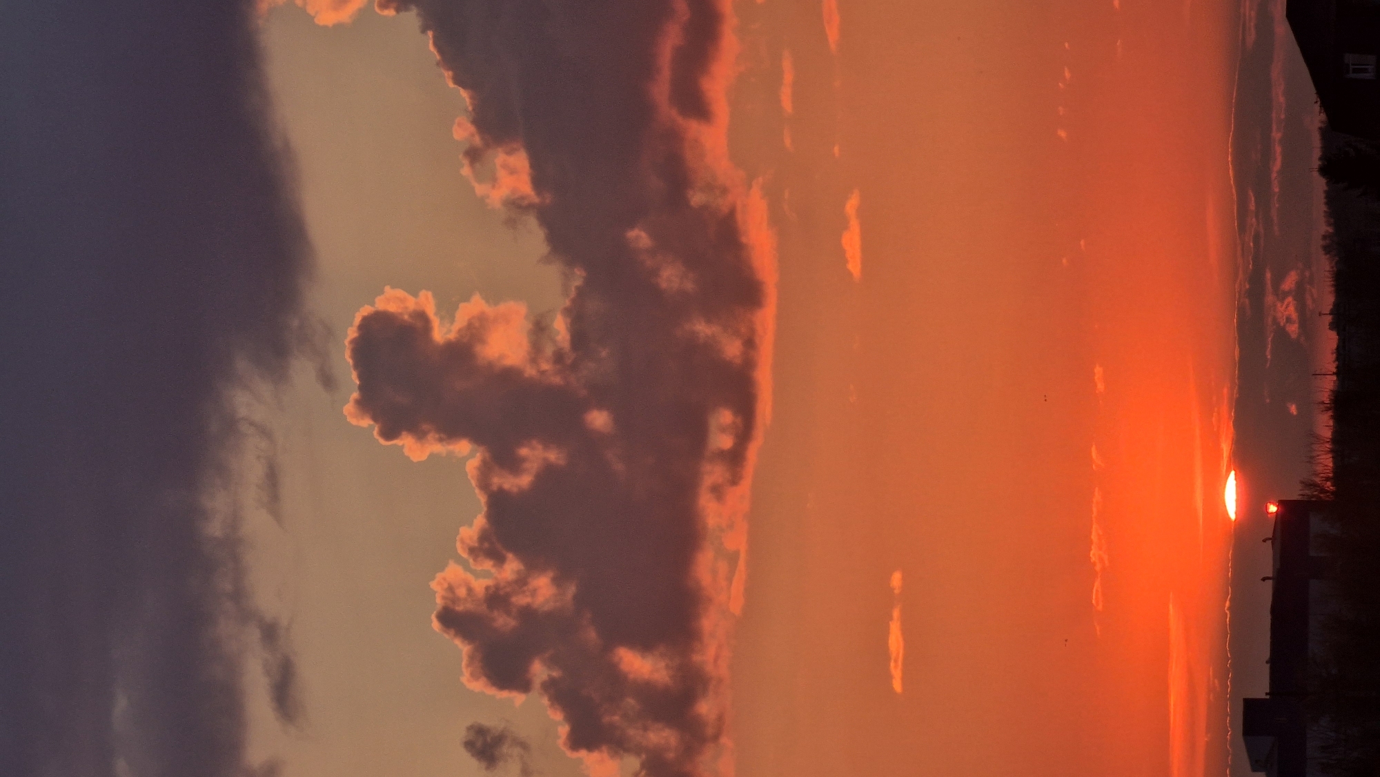 A low-angle, vertical shot captures a dramatic sunset over Kostanay, Kazakhstan. The sky is a vibrant gradient of orange and peach, transitioning to deep purple at the very top. Large, textured clouds, illuminated by the setting sun, dominate the upper portion of the frame. The sun, a bright, glowing orb, is partially obscured by a horizontal band of dark clouds near the horizon. In the foreground, the silhouettes of buildings and trees form a dark, indistinct landscape. Two small birds are visible in the orange sky. The overall impression is one of a serene and colorful end to the day.