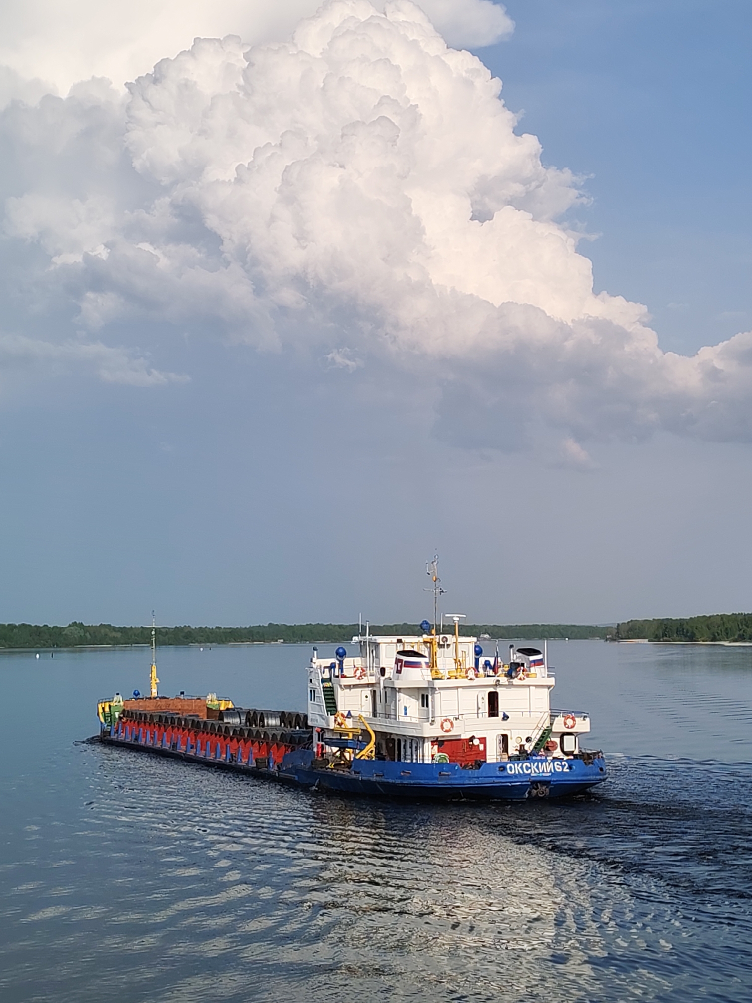 A barge navigates a body of water. The barge is carrying a load of wrapped materials. The tugboat accompanying the barge is white with a blue hull. The scene takes place on a river in a location that appears to be Shelomovo, Russia. The water is calm, and there are trees lining the banks in the distance. Above, there is a cloudy sky.
