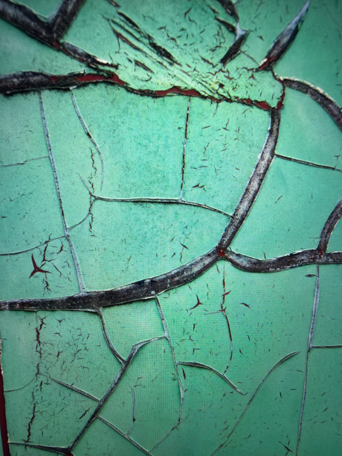 The image shows a close-up of a cracked, painted surface with a predominantly green color. The paint is peeling and shows signs of age, with dark lines or cracks running through it, revealing a reddish-brown layer underneath in some areas. The texture is rough and uneven due to the cracking and flaking of the paint. There are no people, animals, or recognizable objects in the frame. The environment is abstract and textured.
This image is a detail of weathered paint on an unspecified surface and cannot be localized to any specific location in Kafr Yasif, Israel, or anywhere else.