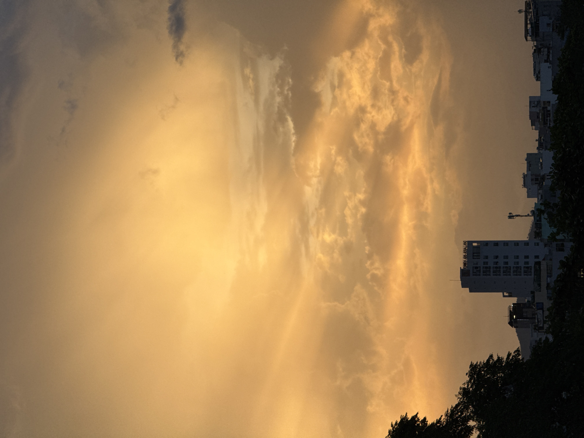 This image depicts a city skyline at dusk in Da Nang, Vietnam, bathed in the warm hues of an orange and yellow sky. In the foreground, silhouetted trees frame the scene from the left. Dominating the mid-ground is a tall, white, multi-story building with numerous windows, labeled "TUNG LAM - ASIA JSC". To the right of this building, other smaller buildings and structures are visible, some topped with antennas or equipment. The sky is filled with dramatic clouds, ranging from bright orange near the horizon to darker grays and blues at the top, suggesting an approaching sunset or storm. The overall atmosphere is serene and visually striking, capturing the beauty of urban twilight.