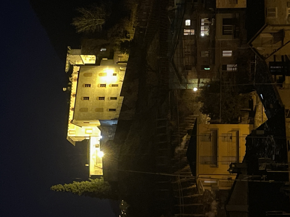 This nighttime image captures a quiet, historic hillside town, likely in a European setting like Sondrio, Italy. The scene is dominated by architectural elements and artificial illumination against a dark sky.
In the lower-left, a large, multi-story building stands out, brightly lit with numerous rectangular windows that glow warmly from interior lights. Its light-colored facade contrasts with the surrounding darkness, suggesting a prominent or historic structure. Moving upwards and to the right, a complex system of steep, winding outdoor stairs or terraced pathways ascends the hillside, seemingly connecting various dwellings. These stone or concrete steps are partially illuminated by streetlights, which also cast distinct pools of light on the terrain.
Further up the slope and towards the right, other residential buildings, some older and darker, are visible. Many of these also show lights in their windows, indicating habitation. Sparse trees and shrubbery are scattered throughout the scene, some appearing bare, others with foliage. The dark night sky occupies the upper-left portion of the frame, providing a deep backdrop for the illuminated structures. No people are visible, and there is no discernible text. The overall atmosphere is one of serene antiquity and everyday life in a picturesque, elevated settlement after dusk.