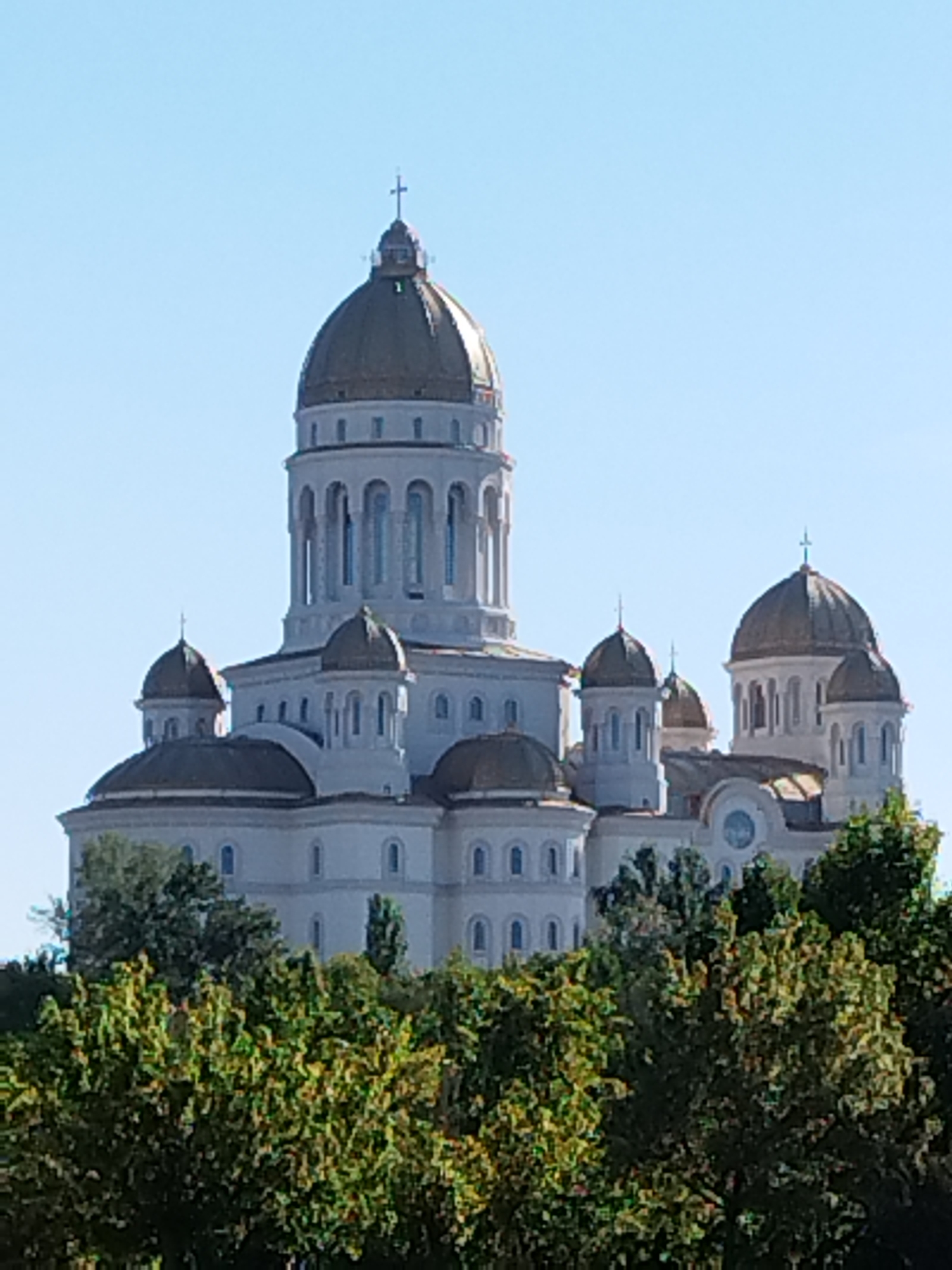 The image shows a large, white religious building with multiple golden domes, set against a clear blue sky. The building has a grand, ornate architectural style with numerous arched windows and columns. It is partially obscured at the bottom by a dense line of lush green trees, suggesting it is viewed from a distance, possibly from a park or elevated viewpoint. The building's prominent dome is topped with a cross, indicating it is a Christian church or cathedral. This building is the **Cathedral of the Salvation of the Romanian People** located in **Bucharest, Romania**.
