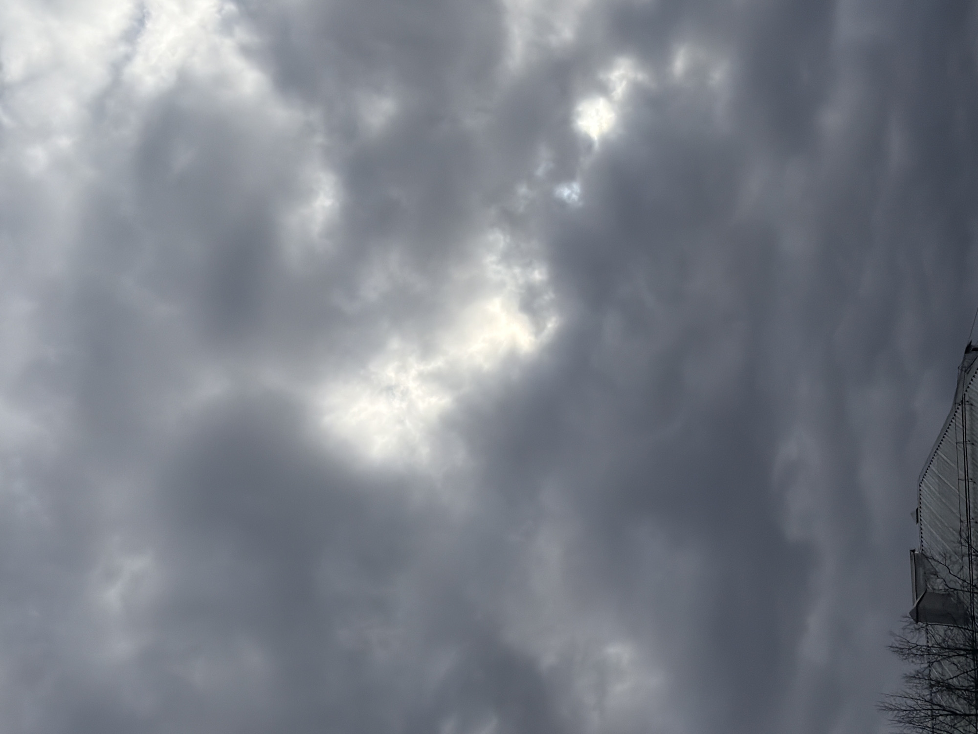 The image displays an overcast daytime sky dominated by heavy, dark grey clouds. Brighter patches of white and light grey clouds are interspersed throughout, particularly in the upper left, central, and upper right areas, indicating where sunlight is attempting to penetrate the cloud cover.
On the far right side of the frame, a portion of a tall building is visible, extending vertically from the bottom to the top edge. This structure appears to be covered in a light-colored, possibly white or pale grey, facade with a pronounced grid-like pattern, suggesting scaffolding, protective sheeting, or architectural cladding. At the very bottom right, a cluster of bare, dark tree branches is silhouetted against the building and the sky.
The scene is static, with no discernible activity or individuals present. The weather is heavily cloudy, implying a dull or potentially impending rainy day. There is no visible text in the image. The overall impression is an urban or peri-urban outdoor setting under a dense cloud cover.