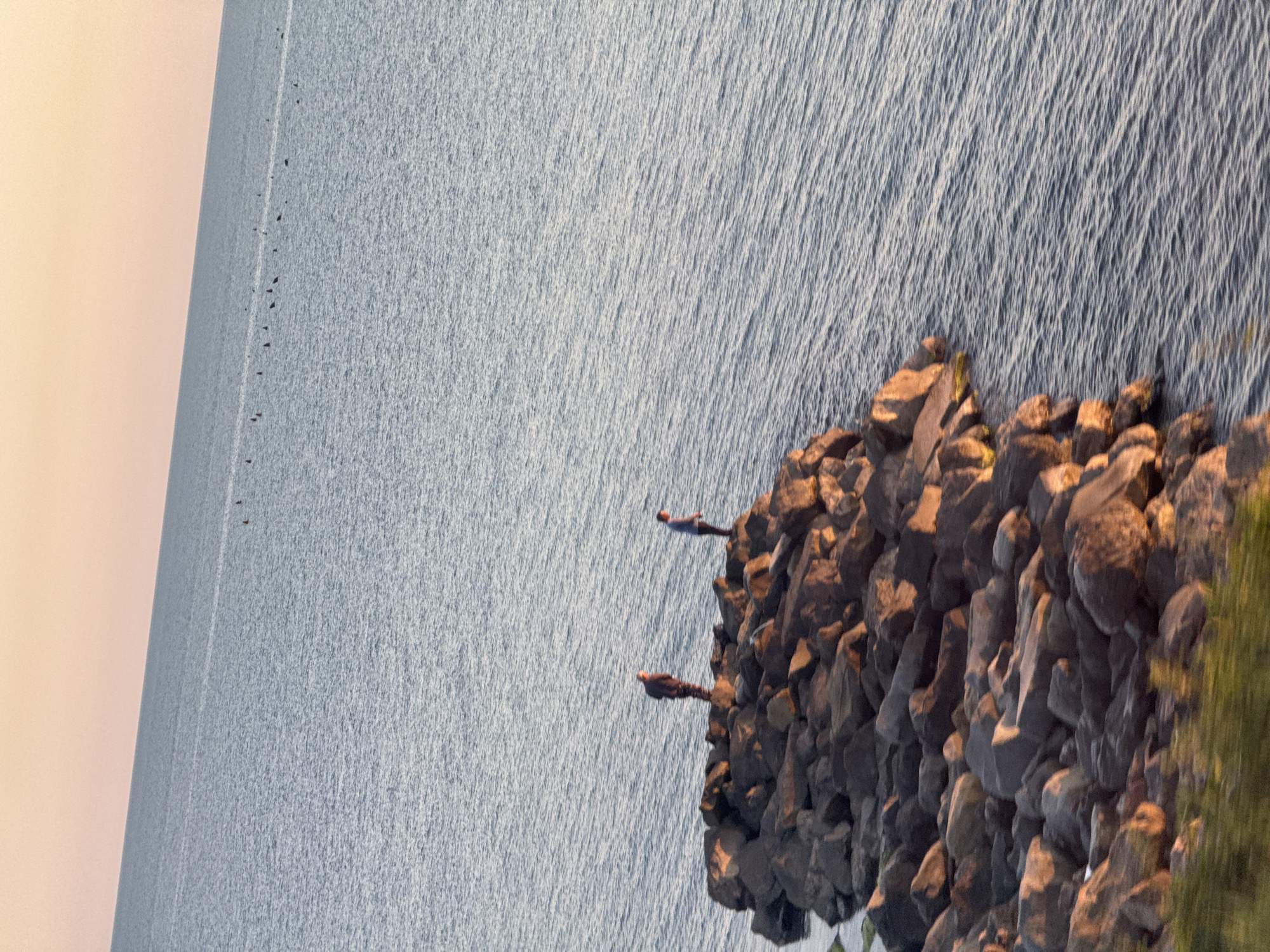 This image, when correctly oriented, presents a serene coastal landscape in Vishnevka, Russia, likely captured during sunrise or sunset, indicated by the soft, warm peach-colored sky. A vast expanse of blue-grey water, textured with gentle ripples, stretches towards the horizon.
In the mid-ground, a rugged breakwater or natural rocky outcrop extends into the water from the right side of the frame. The rocks are dark and varied in size, forming a sturdy barrier against the water. Two small human figures stand on these rocks. The closer figure wears dark clothing, while the other, further out, appears to have lighter clothing on top and dark trousers. Both seem to be observing the water, possibly fishing, bird-watching, or simply enjoying the tranquil view.
Distant on the water, close to the horizon line, a sparse line of small, dark specks indicates the presence of birds, possibly swimming or resting. A blurred hint of green foliage is visible on the far right, near the rocky structure, suggesting nearby land or vegetation. The scene conveys a sense of peaceful contemplation and the vastness of nature, with the human elements appearing small against the expansive sky and sea. There is no visible text in the image.