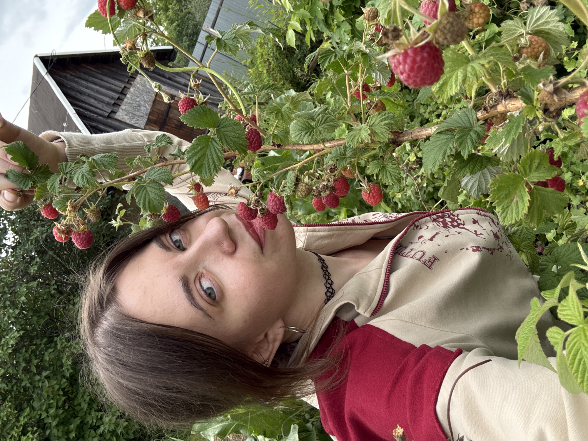 A young woman with light brown hair and blue eyes is pictured outdoors. She is wearing a beige and red zip-up hoodie and a black choker necklace. The woman is holding a raspberry branch with red berries. She is looking towards the camera. In the background, there is a wooden building and a metal fence. The scene appears to be a garden or rural area.
