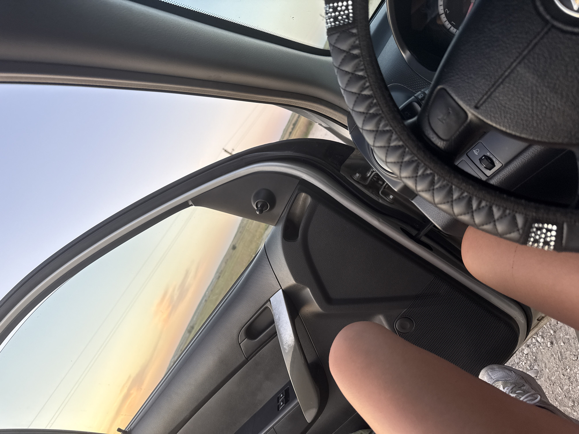 In the image, the perspective is from inside a car, looking out the open driver's side door. The exterior scene depicts a rural landscape with a dusky sky, suggesting either dawn or dusk. A person's legs are visible in the foreground, one resting on the car door and the other near the steering wheel. The steering wheel is covered with a quilted black material adorned with rhinestones. The car's interior includes the door panel, a door handle, and part of the dashboard with a speedometer. The surrounding environment appears to be a flat, open area with some distant vegetation and utility poles, indicative of a rural setting. The presence of the car and its interior elements suggest the subject is a passenger or driver in a vehicle. There is no specific information or visual cue that places this scene within the city of Cimișlia, Moldova.