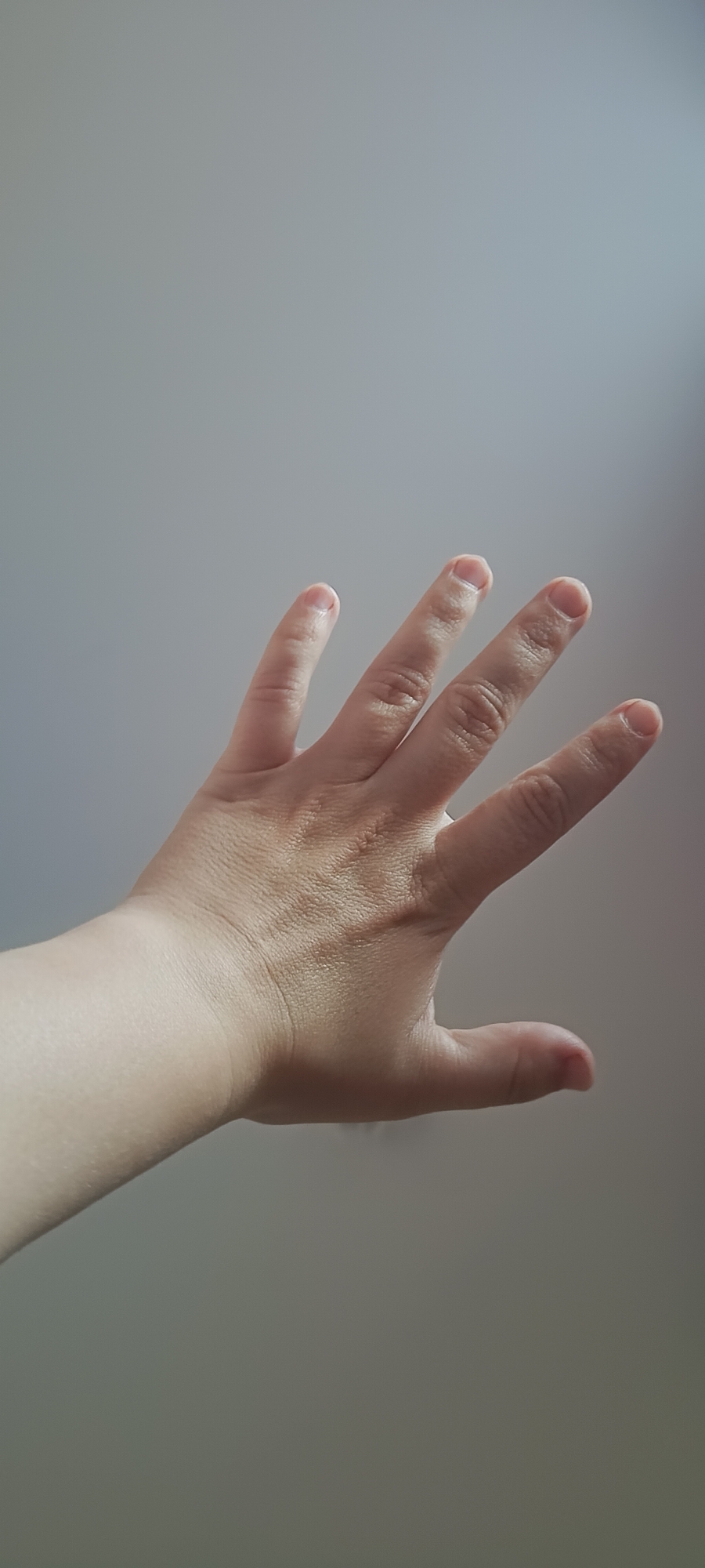 The image shows a left hand, palm facing up, with fingers extended and slightly spread. The hand is positioned against a plain, light gray background. The skin appears fair and shows some texture and creases. The fingernails are short and unpainted. The lighting casts a subtle shadow, highlighting the contours of the hand. There is no discernible urban environment visible in the image, and therefore no information about its location in Хохлы, Russia.