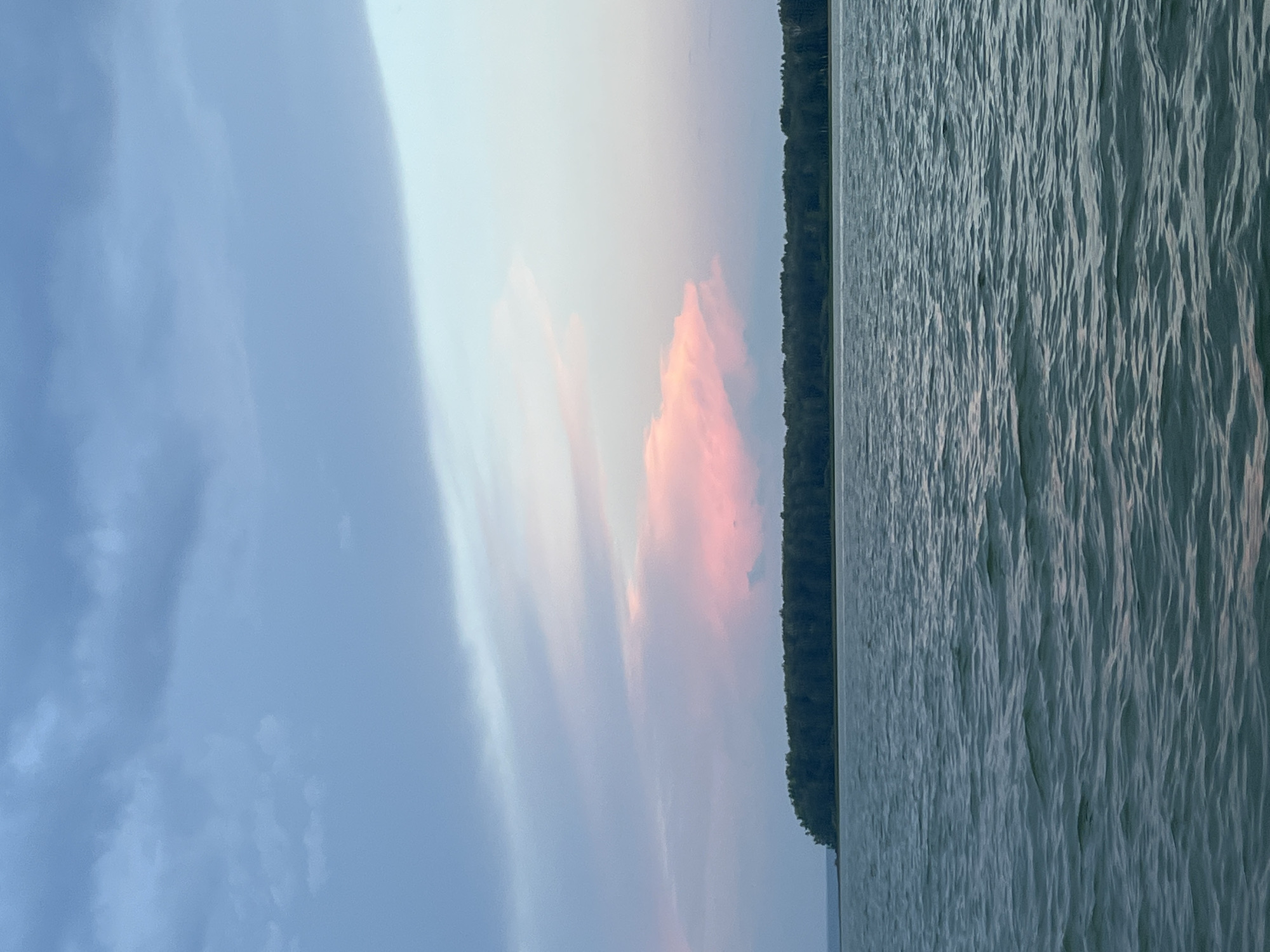 The image depicts a serene, natural landscape at dusk. A body of water, likely a lake or river, occupies the foreground, with gentle ripples reflecting the soft light. The middle ground features a densely wooded shoreline, forming a dark, horizontal band against the horizon. Above the trees, the sky is a canvas of muted colors, transitioning from a pale blue near the horizon to a deeper, dusky blue towards the top of the frame. A striking feature in the sky is a large cloud formation, illuminated from within by soft pink and white light, suggesting the last rays of the setting sun. The overall impression is one of peacefulness and natural beauty. The location is identified as Novopichugovo, Russia.