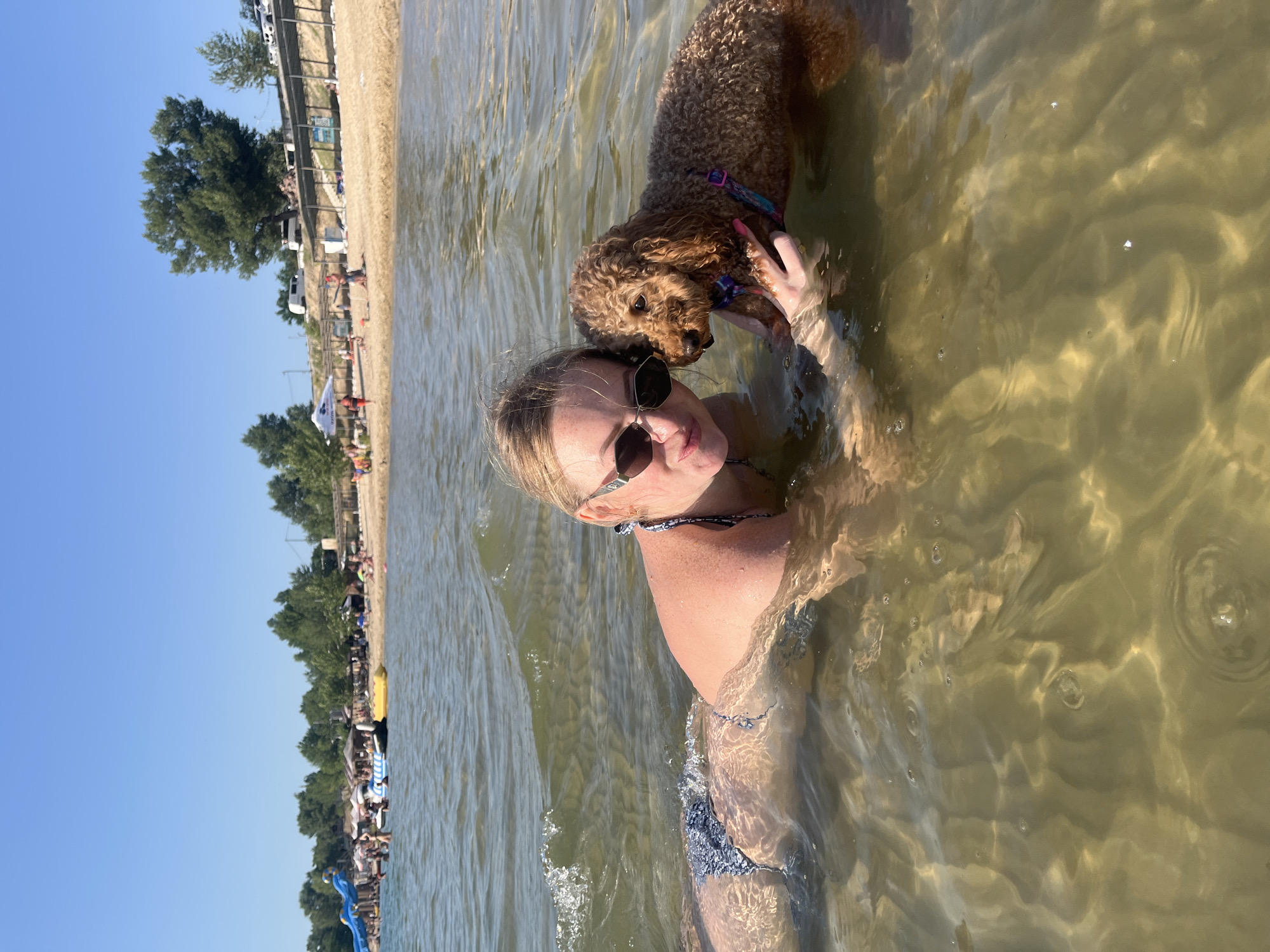 The image depicts a woman and a dog in the water at a beach. The woman is wearing sunglasses and a bikini, and the dog, a poodle, is resting its head on her. The water is clear and shallow, with sunlight reflecting on the surface, suggesting it is daytime. In the background, there is a sandy beach lined with trees and various people enjoying the sunny weather. The scene appears to be a leisurely summer day at a popular beach resort. The orientation of the image is portrait, and the overall mood is relaxed and joyful, hinting at a fun day spent with a pet. The location is identified as Yelyzavetivka, Ukraine, a place known for its recreational areas and beaches. The image doesn't contain any visible text.