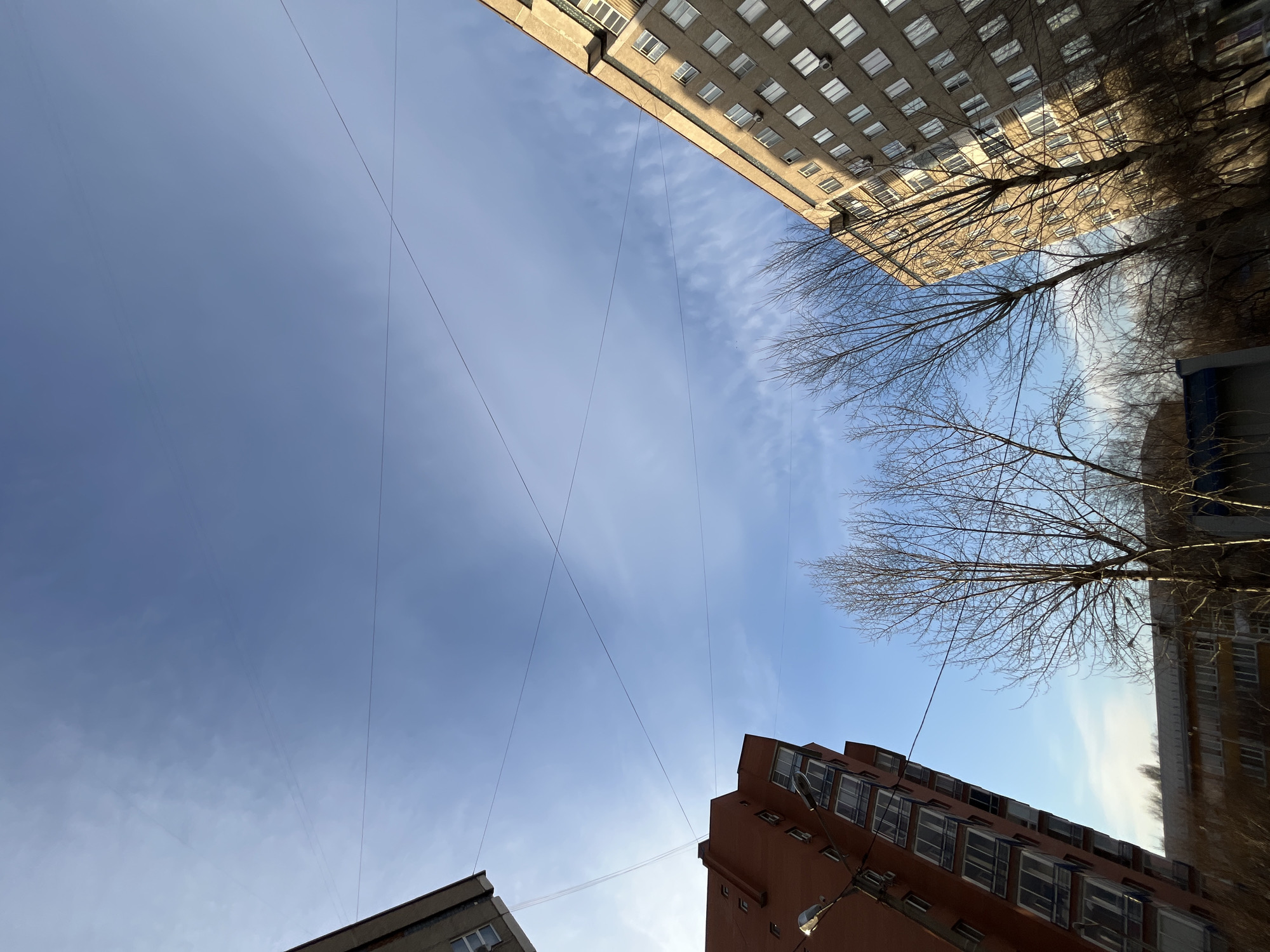 The image is a low-angle view looking up towards the sky in an urban environment. Three buildings are visible in the frame: one constructed of grey concrete at the top left, another made of red brick at the bottom right, and another made of grey concrete at the top right. The buildings appear to be multi-story apartments or offices. Electrical wires stretch across the sky between the buildings. Bare tree branches are visible next to one of the buildings. The sky is light blue with some wispy white clouds. The location is possibly Krasnoyarsk, Russia, based on the typical architecture and urban layout.
