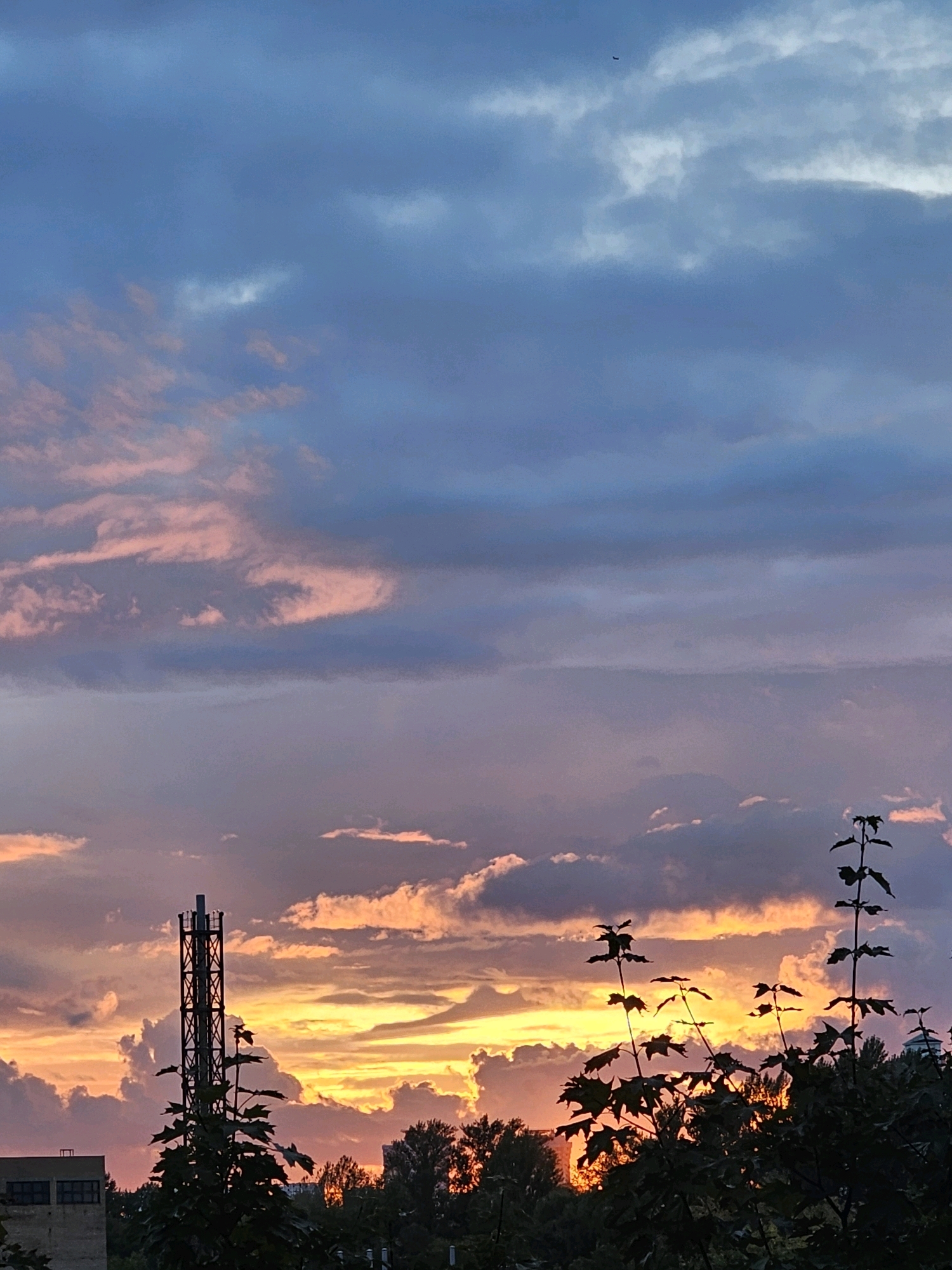 A medium shot captures a sunset over a city, likely Khimki, Russia, given the architectural style and vegetation. The sky is a dramatic canvas of blues, purples, and oranges, with clouds illuminated by the setting sun. In the foreground, silhouetted trees with distinctive maple leaves partially obscure the view of the cityscape. To the left, a multi-story building with dark windows is visible. Dominating the center-left of the frame is a tall, metallic tower, possibly an industrial chimney or a communication mast, with a lattice-like structure. The overall impression is one of urban twilight, with industrial elements softened by the vibrant colors of the sky and the natural intrusion of trees.