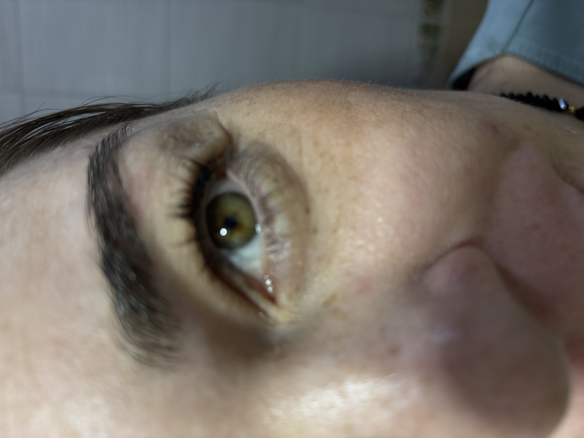 The image depicts a close-up of a person's face, specifically the left eye and surrounding area. The eye is hazel in color with dark eyelashes. The eyebrow is dark and well-defined. The skin appears to be fair with some visible pores and minor blemishes. There are no indications of location.