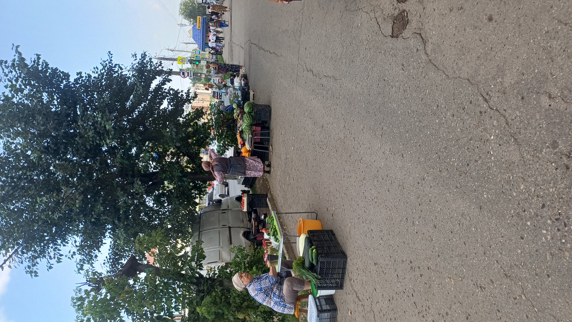 A street market scene unfolds on a sunny day in Izhevsk, Russia, likely in a residential area given the presence of a van and modest buildings in the background. Two women are seen tending to stalls selling produce.
In the foreground, an older woman with a headscarf sits on a stool next to a table laden with cucumbers, dill, and some small berries. Crates are stacked nearby, one filled with more cucumbers. To her right, a second woman, also with a headscarf, stands and arranges produce, including watermelons, pumpkins, and other fruits and vegetables, on tables and in crates.
A white van is parked behind the first woman's stall. In the background, other vendors and customers can be seen further down the street, along with more stalls and what appears to be a blue awning. Traffic signals and street signs are visible, indicating this is a public thoroughfare. The pavement is asphalt, showing some signs of wear and tear. The overall impression is a typical local market day, with vendors selling fresh produce directly to the community.