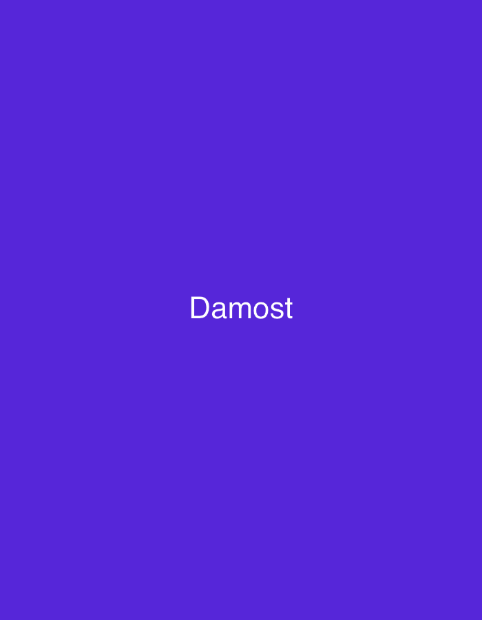 The image displays a solid, uniform background in a deep shade of purple, specifically a royal or indigo hue. Centered horizontally and vertically on this background is the word "Damost," rendered in plain white, sans-serif font. The letters are capitalized for the first letter ('D') and lowercase for the rest ('amost'). There are no other discernible subjects, objects, people, actions, interactions, or environmental details present. The image provides no visual information or context to indicate a specific location, including the city of Casablanca, Morocco.
