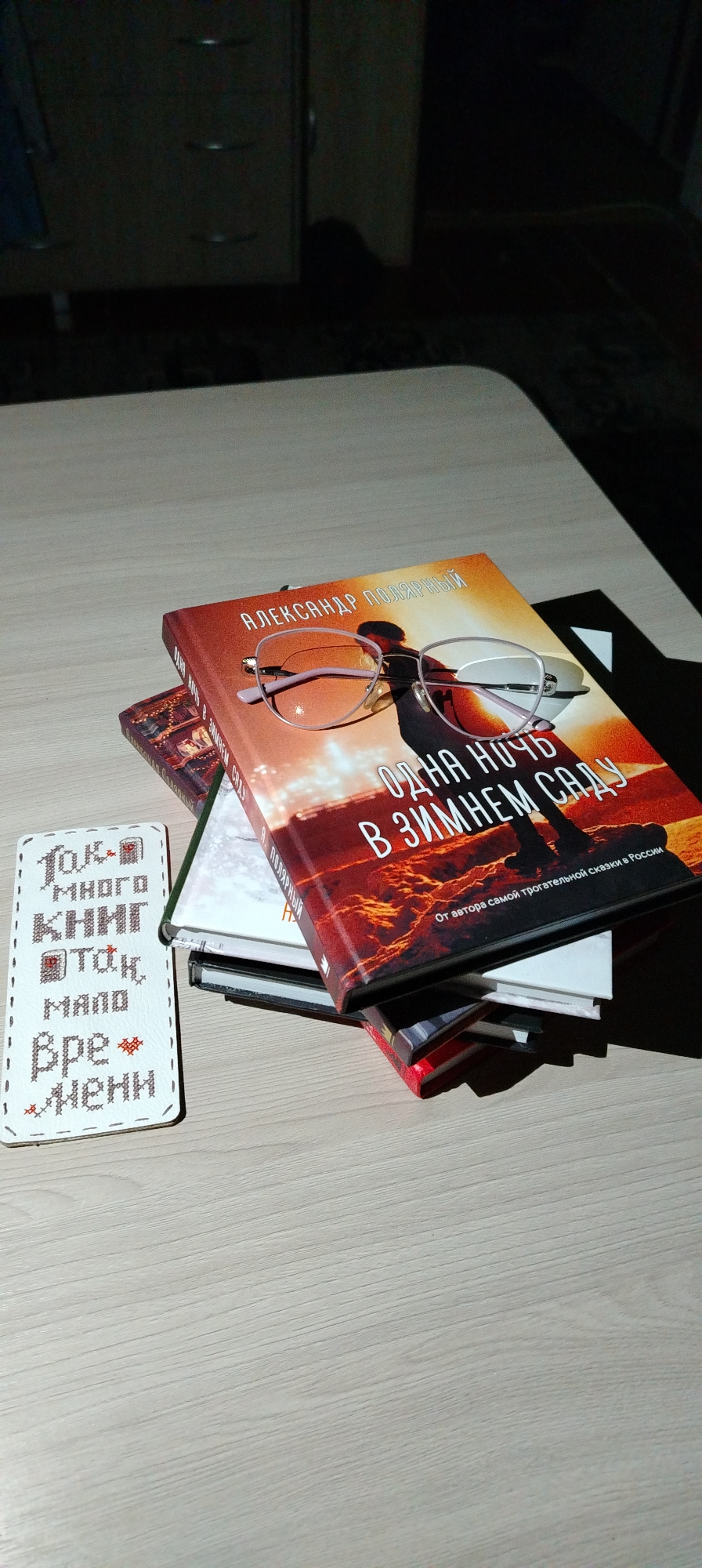 The image shows a stack of books on a light-colored wooden surface, likely a table, in Chaikovsky, Russia. On top of the stack is a book titled "Одна Ночь в Зимнем Саду" (One Night in the Winter Garden) by Александр Полярный (Aleksandr Polyarny). A pair of eyeglasses rests on the book. Next to the stack of books is a bookmark with stitched text in Russian: "Так много книг, так мало времени" (So many books, so little time). A dark cabinet is partially visible in the background. The scene is lit with a combination of natural and artificial light.