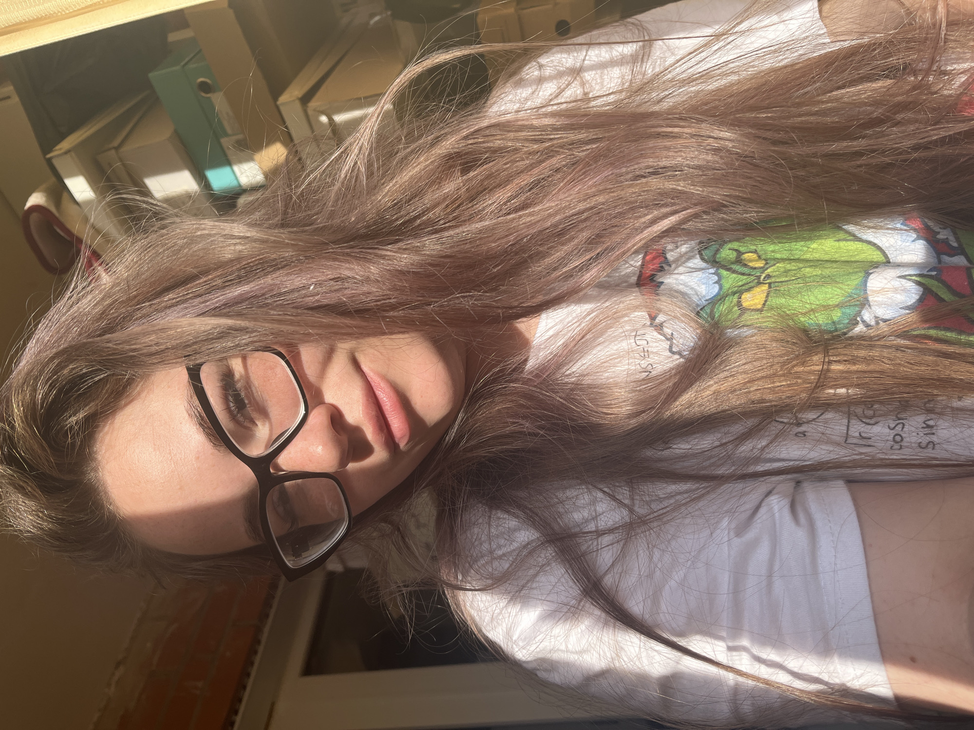 This tilted portrait features a young person, likely female, lying down indoors in Chaikovsky, Russia. She has long, light brown hair with subtle reddish or purplish tones, which is spread out around her head and shoulders. She wears black-framed glasses and a white short-sleeved t-shirt. Her face, seen in profile and partially obscured by direct sunlight, shows a neutral to slightly pensive expression, with lips slightly parted.
Strong, direct sunlight illuminates parts of her face and hair, creating sharp shadows. On her white t-shirt, partially visible through her hair and light, there is handwritten text resembling mathematical or trigonometric formulas, with words like "cos" and "sin" discernible. A vibrant green and white graphic, possibly depicting a cartoon character (like the Grinch), is also visible on the shirt, mostly covered by her hair.
The background reveals an indoor setting, likely a room within a home. Behind her head, a shelf or desk area is visible, holding various items including document folders (one distinctively teal), boxes, and other miscellaneous objects. A brick wall texture can be seen in the lower left, possibly near a window, indicating a sunny daytime. The overall scene suggests a casual and relaxed atmosphere.