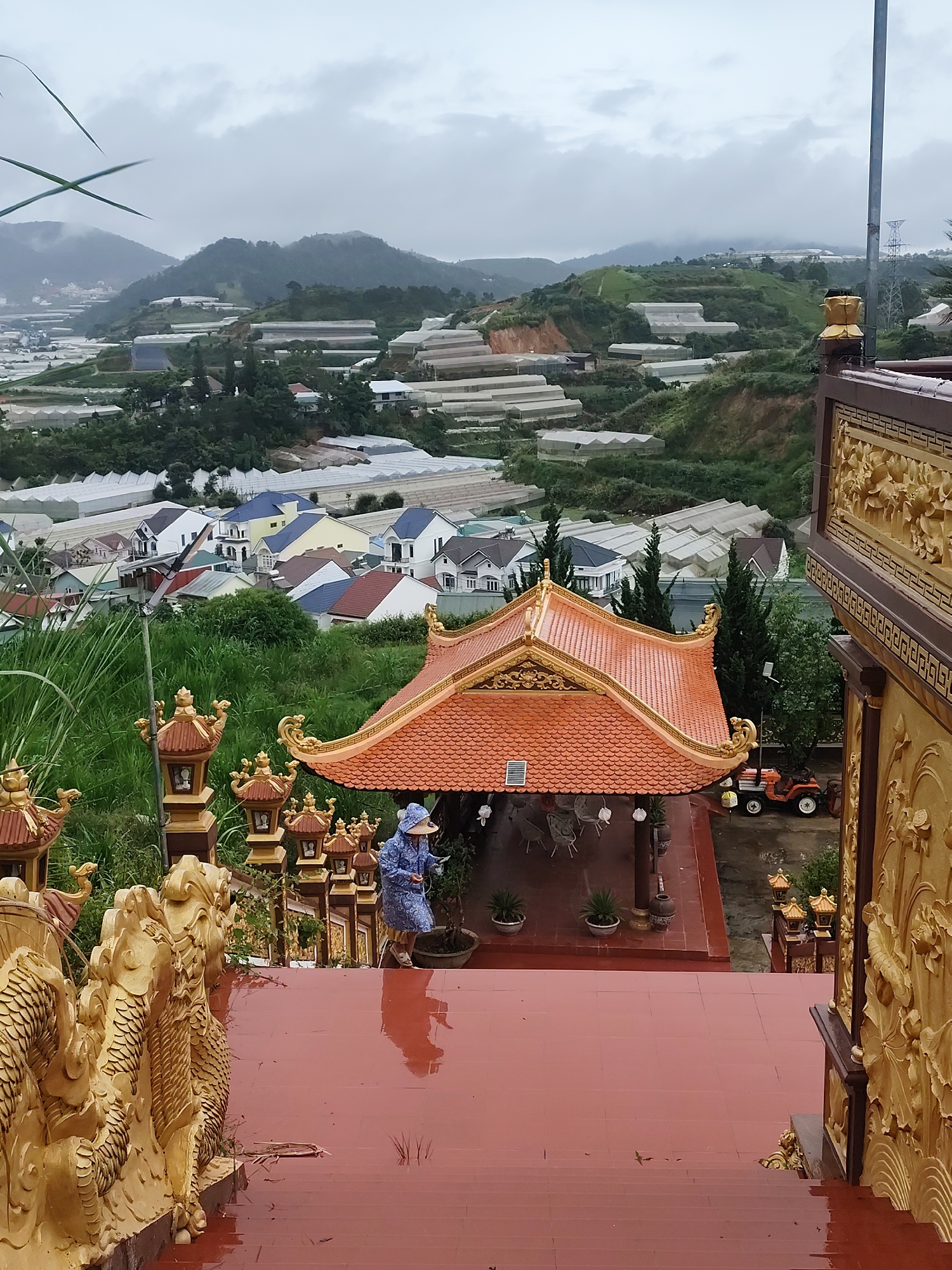 An outdoor, slightly elevated medium shot captures a person wearing a blue patterned rain jacket and a wide-brimmed hat standing on a wet, red-tiled staircase. The person is positioned to the left of the frame's center, facing right and looking downwards. The staircase is flanked by ornate, gold-colored dragon carvings on the left and a golden, intricately carved wall on the right.
Beyond the staircase, a covered pavilion with a vibrant orange, multi-tiered roof is visible. Inside the pavilion, several white chairs and tables are arranged. Adjacent to the pavilion, a small orange tractor is parked on a wet, dark-colored surface.
The background reveals a sprawling landscape of hills covered in numerous greenhouses, indicative of agricultural activity. Interspersed between the greenhouses are residential buildings with colorful roofs. The sky is overcast with heavy clouds, suggesting a damp or rainy atmosphere. The overall impression is one of a cultural site overlooking a rural or semi-rural agricultural region, possibly in Lạc Dương, Vietnam, given the presence of greenhouses and mountainous terrain. The wet surfaces and rain attire suggest recent or ongoing precipitation.