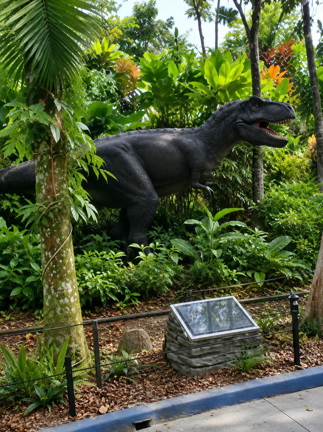 An outdoor scene features a life-sized, dark gray dinosaur replica, resembling a Tyrannosaurus Rex, standing amongst lush, dense greenery. The dinosaur is positioned with its head turned to the right, mouth open, and teeth visible. In the foreground, a paved pathway with a blue curb runs along the bottom of the frame. To the left of the dinosaur, a thick tree trunk is visible, partially covered in moss and with a rope wrapped around it. A small, stone-like information plaque with a reflective surface is placed in front of the dinosaur. The background consists of a dense canopy of various green trees and foliage, with some splashes of orange leaves adding color. The lighting suggests it is daytime, with sunlight filtering through the trees. The location is identified as the city of Bandar Baru, Indonesia.