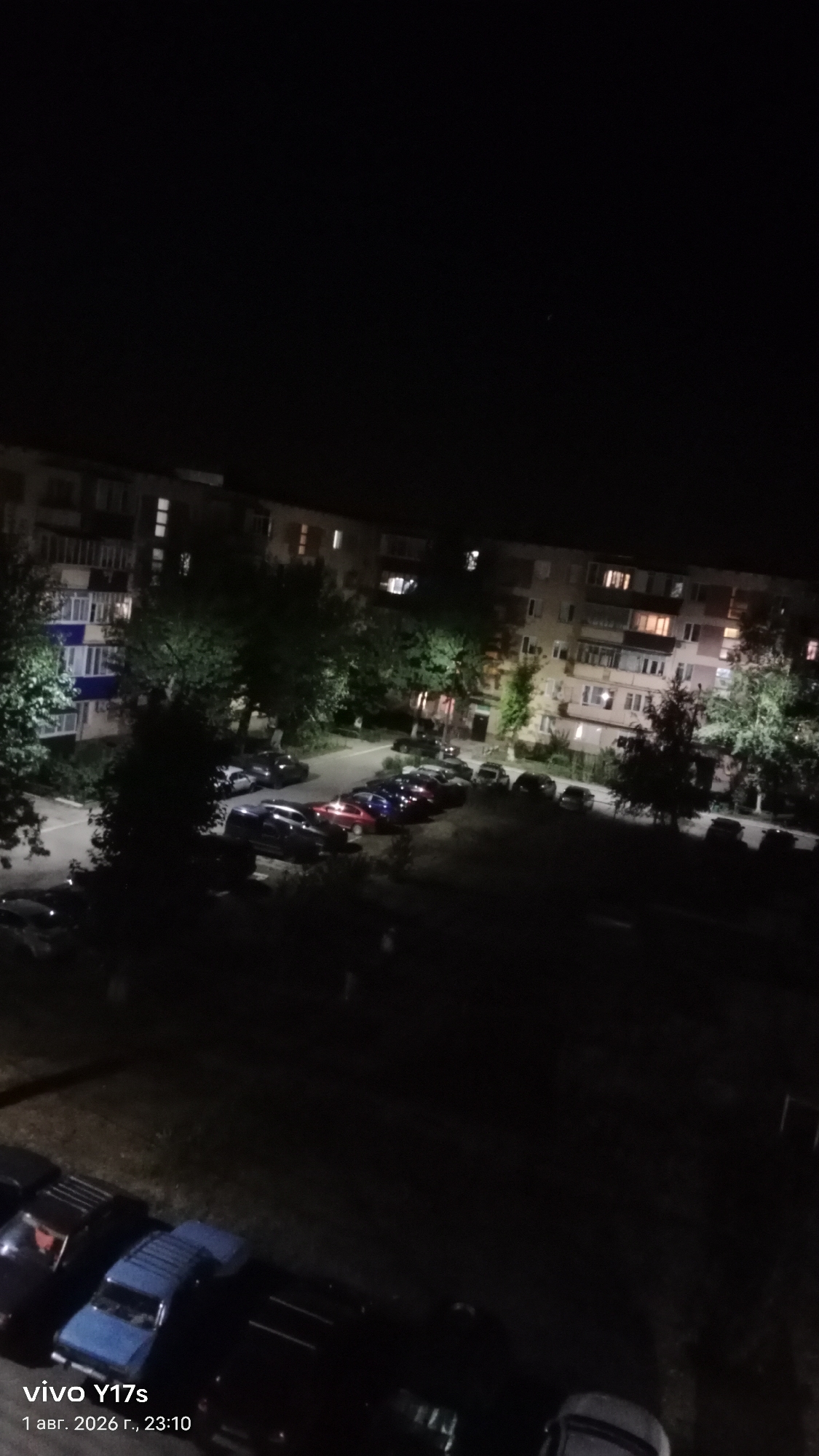 An overhead nighttime shot captures a street in Rudny, Kazakhstan, bordered by a multi-story residential building. The building exhibits windows with some illuminated, indicating occupied apartments. In front of the building, a line of parked cars, including a blue minivan, are visible. Trees with full foliage flank the street, casting shadows and adding to the nighttime ambiance. The foreground reveals more parked vehicles, with the bottom left corner displaying a "vivo Y17s" watermark and a date stamp of "1 авг. 2026 г., 23:10" (August 1, 2026, 11:10 PM) in Cyrillic. The overall scene is dimly lit, typical of a residential area at night.