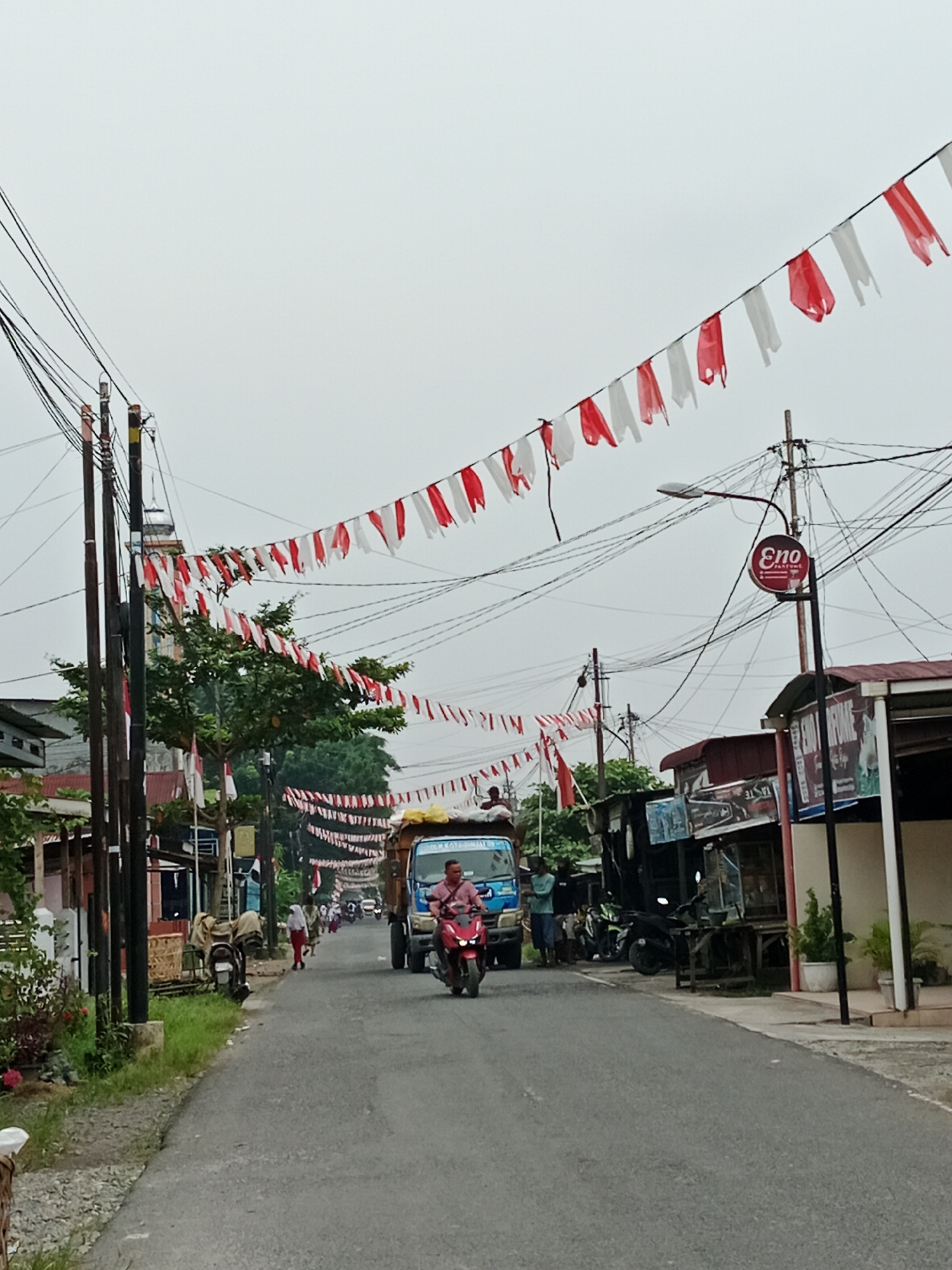 The image depicts a street scene in the City of Binjai, Indonesia, characterized by a festive atmosphere indicated by numerous red and white Indonesian flags strung across the street. The flags are small and appear to be made of plastic or fabric, creating a decorative canopy above the roadway.
The street itself is paved and appears to be a local thoroughfare with shops and houses lining one side. On the left side of the street, there are buildings, trees, and utility poles with a complex network of wires. The architecture suggests a typical urban or semi-urban setting.
Several vehicles are visible. A blue truck, likely a delivery vehicle, is positioned in the middle of the street, with people visible in its cargo area. In front of the truck, a person is riding a red motorcycle. Further down the street, other vehicles and individuals are present, suggesting moderate activity.
On the right side of the street, there are more buildings with storefronts, some with awnings. A prominent sign with the text "Eno" in a circular logo is attached to a utility pole. There are also potted plants and some benches or seating areas outside the shops.
The ground on the left side of the street is covered with gravel and grass, with some plants and flowers. The sky is overcast, indicating a cloudy day. The overall impression is a busy, yet somewhat subdued, street scene in a residential or commercial area, enhanced by the national decorations.