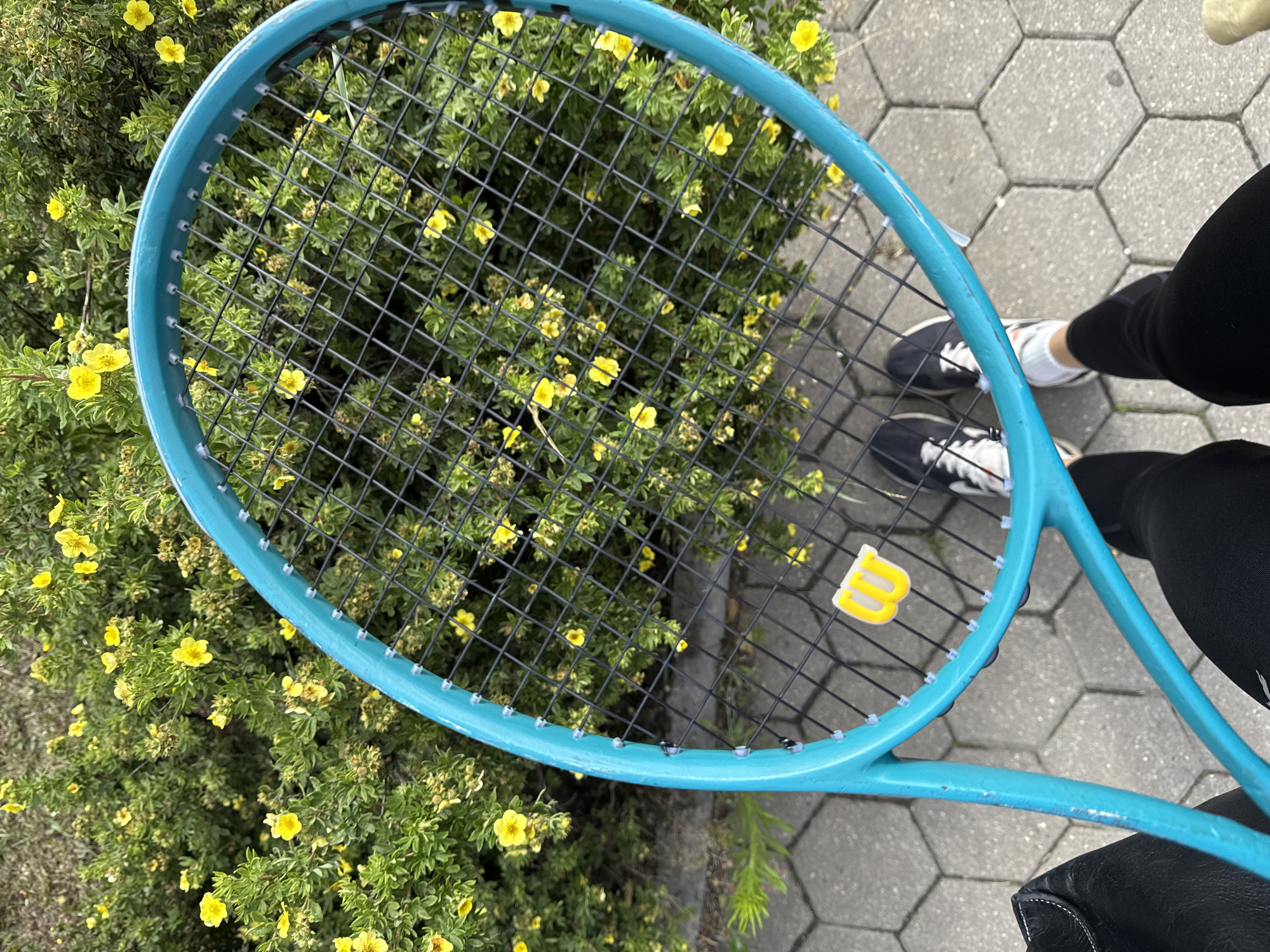 A close-up, overhead view shows a teal-colored tennis racket with black strings held by a person standing on a hexagonal paved pathway. The person's black pants and black and white athletic shoes are visible, along with a black bag to the left. The background consists of a dense bush with numerous small yellow flowers. The scene is set outdoors, likely in a park or garden area in Chaikovsky, Russia, given the hexagonal paving stones which are common in the city.