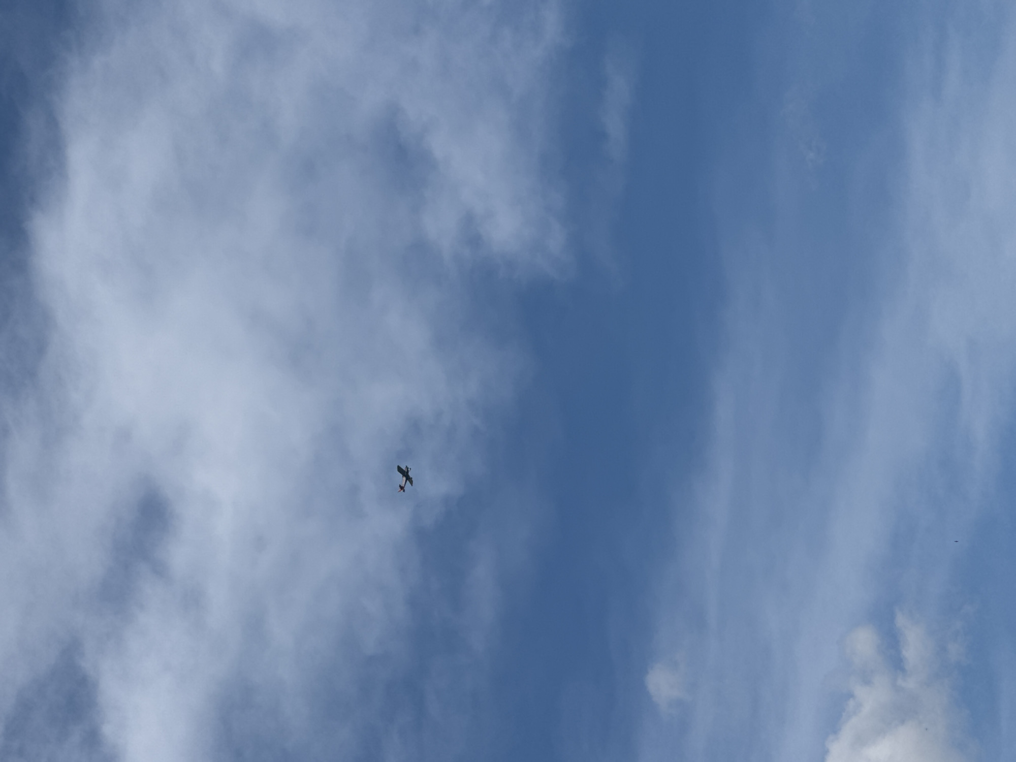 A small, single-engine airplane is visible against a bright blue sky dotted with white, wispy clouds. The airplane is dark in color with a red tail and appears to be in mid-flight. The image was captured from below, looking up at the aircraft. The scene does not contain any recognizable landmarks or features to indicate a specific location in Novosibirsk, Russia.