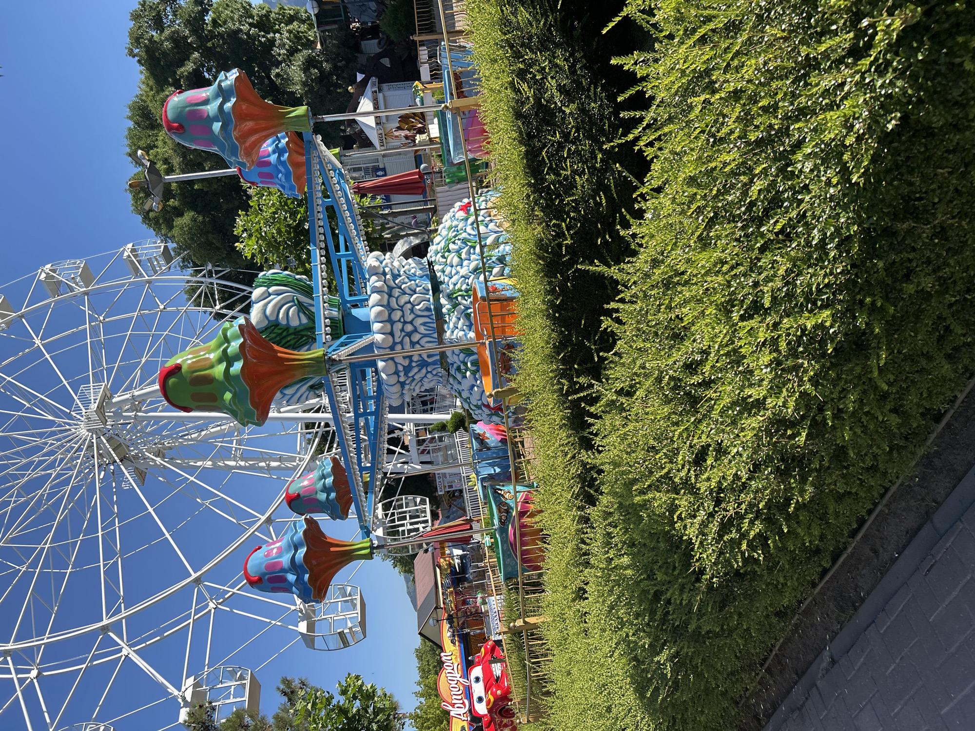 The image depicts an amusement park with a ferris wheel and a children's ride. The children's ride has colorful mushroom-shaped seats. In the background, there's a red car with the face of the character Lightning McQueen. The park appears to be located in Gelendzhik, Russia, as indicated by the Russian text on the signage, which reads "Автодром" (Autodrome) and "Касса" (Cashier). The environment is outdoors with lush green bushes in the foreground and trees in the background under a clear blue sky. There are no people visible in the image.