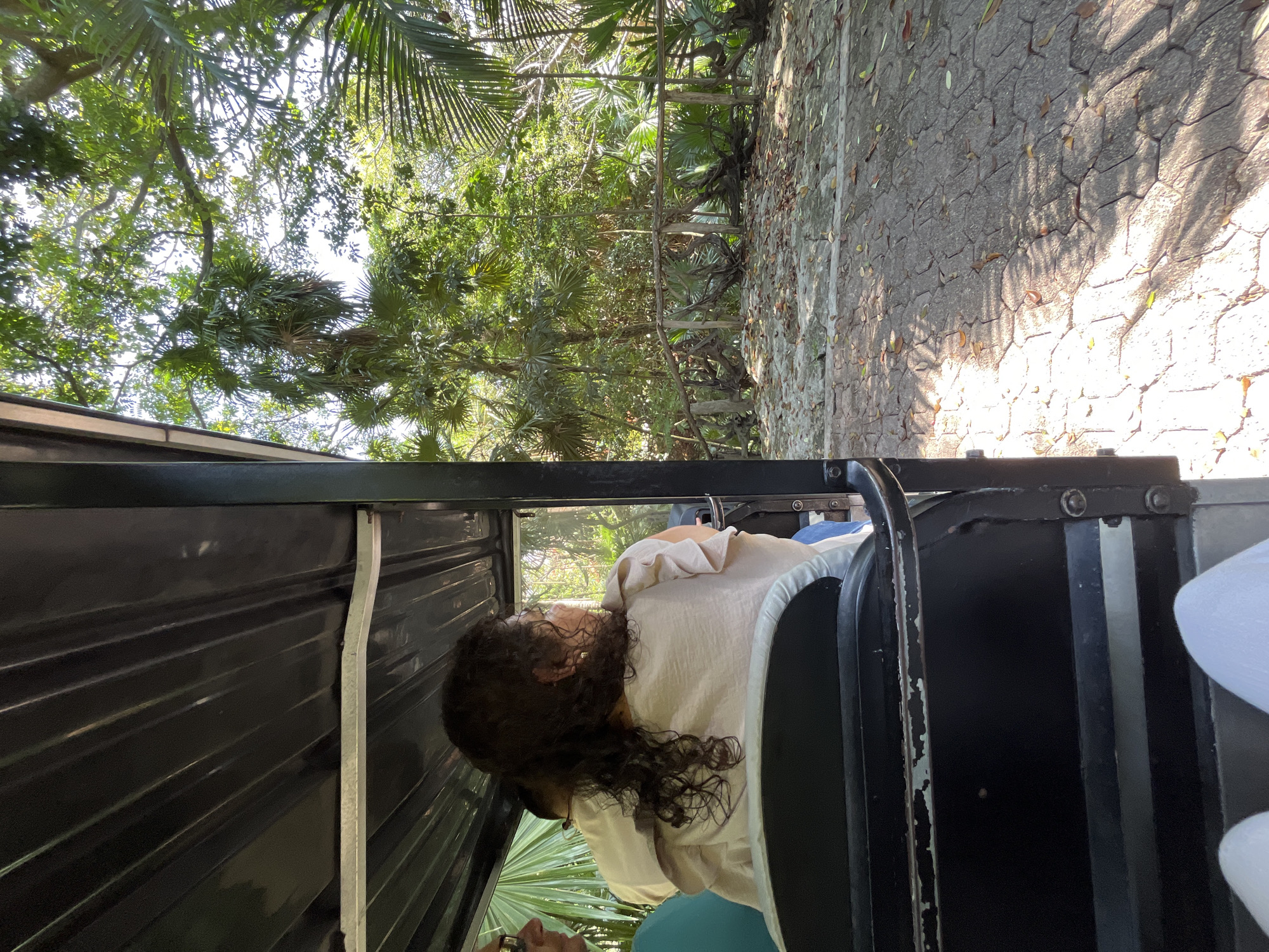 The image, likely captured in Playa del Carmen, Mexico, shows a person with curly brown hair, wearing a light-colored blouse and blue shorts, seated in a vehicle with a black frame. The vehicle appears to be on a paved road alongside dense tropical vegetation, including palm trees. Sunlight filters through the trees, creating shadows on the pavement. The photograph seems to be taken from within the vehicle, looking out at the passing scenery.