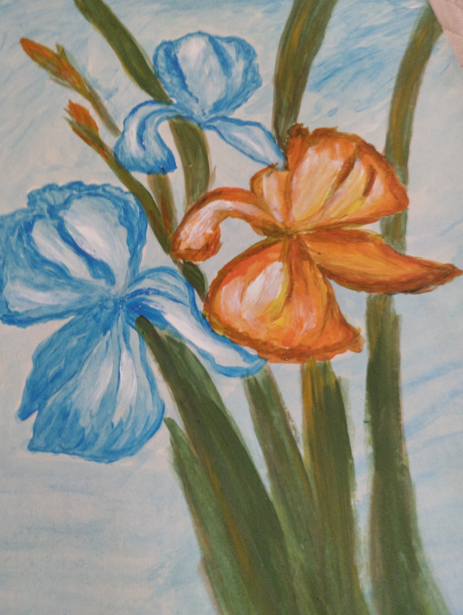 This is a close-up, vertical, medium shot of a watercolor painting depicting iris flowers against a light blue background. Two large blue irises are prominently featured, one on the left and another slightly above and to the right. A large orange iris is positioned to the right of the blue irises. The flowers have broad, overlapping petals rendered with visible brushstrokes. Green stems and buds are also depicted, with some buds appearing orange. The background is abstract, with streaks of light blue, suggesting a soft, atmospheric setting. There are no people or discernible environmental details beyond the painted flowers.