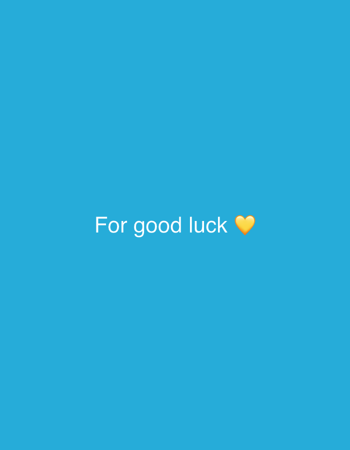 The image is a screen capture with a solid blue background. In the center of the screen, white text reads "For good luck" followed by a yellow heart emoji. The image contains no discernible elements related to the city of Środa Wielkopolska, Poland.
