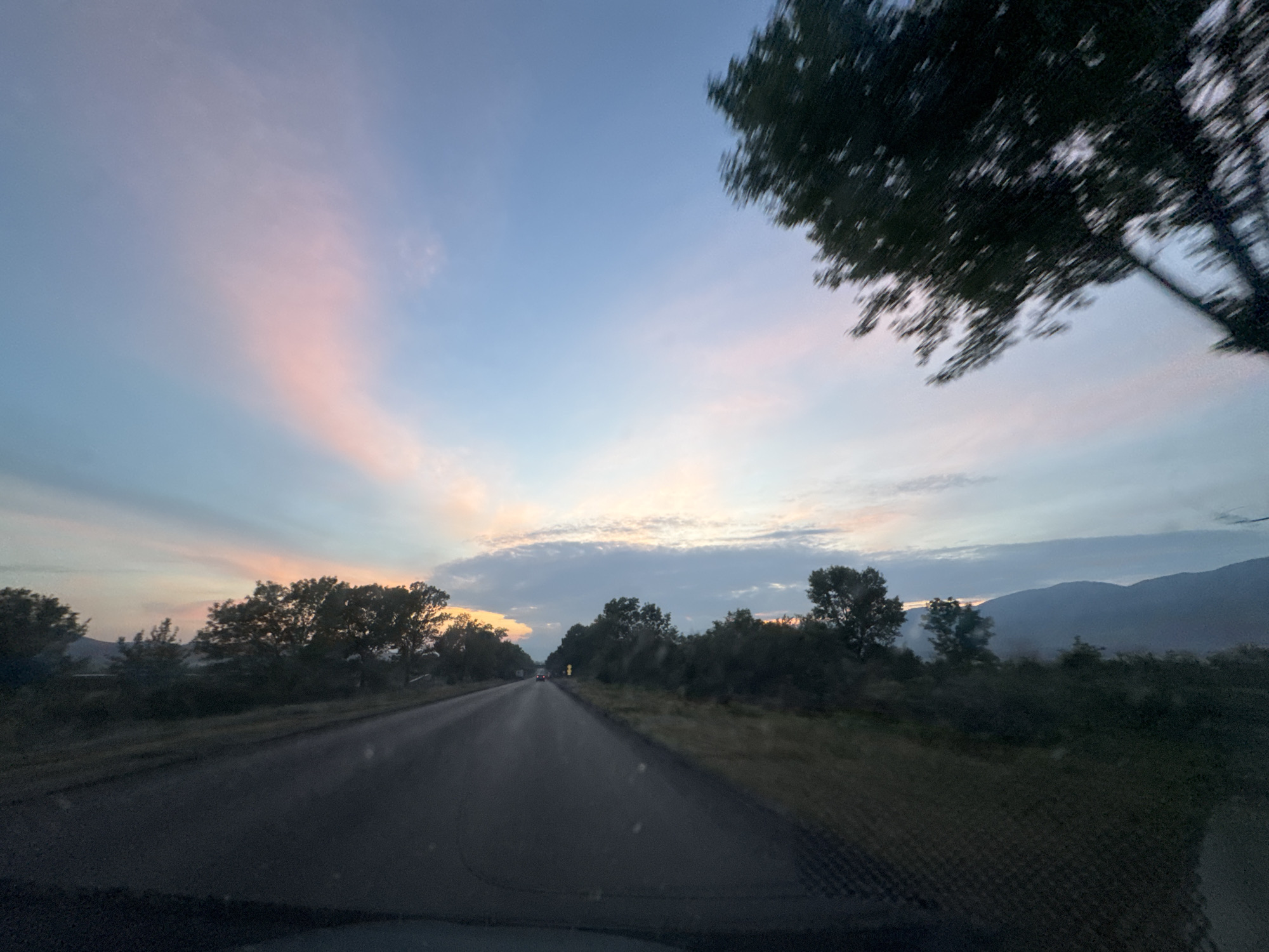 The image captures a tranquil scene from the perspective of a vehicle traveling on a rural road at either dawn or dusk, possibly in Shivachevo, Bulgaria. The sky is a prominent feature, displaying soft pastel shades of blue, pink, and light orange, indicating a sunrise or sunset. Wispy clouds are spread across the expansive sky, catching the warm light.
A straight, two-lane asphalt road stretches into the distance, appearing slightly reflective. Dense lines of trees and vegetation border both sides of the road, their dark forms silhouetted against the brighter sky. A large, blurred tree branch occupies the upper right foreground, emphasizing motion and the dynamic nature of the scene. In the far distance on the right, a range of subtle mountains or hills can be seen, partially obscured by the soft light and haze.
Faint headlights from other vehicles are visible further down the road, adding to the sense of a journey. The overall lighting is dim but ambient, creating a peaceful and somewhat contemplative atmosphere. No text is visible in the image.
