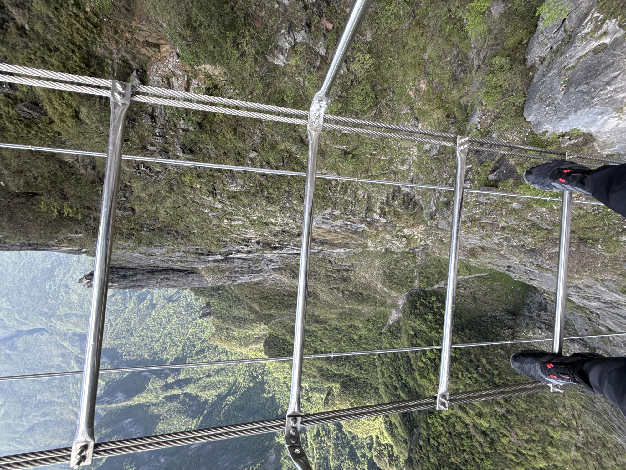 This image, presented on its side, offers a dramatic first-person view from a high-altitude walkway overlooking a vast, verdant valley. In the foreground, metallic structural elements are prominent, including shiny silver posts extending across the frame and thick, braided steel cables running horizontally, forming part of a barrier or floor.
On the right side of the image, the feet of a person are visible, wearing black athletic shoes with distinctive red accents and black pants. These feet appear to be positioned on the transparent or open sections of the walkway, emphasizing the extreme height.
Beyond the man-made structure, a breathtaking mountainous landscape unfolds. The valley is characterized by steep, rugged cliffs and slopes densely covered in lush green vegetation, suggesting a rich forest environment. Exposed rock faces are interspersed throughout the greenery. In the deeper parts of the valley, faint outlines of a winding river or stream can be seen amidst the distant trees.
The scene is illuminated by bright, clear daylight, indicating fair weather and excellent visibility across the expansive terrain. The perspective strongly conveys a sense of immense height and adventure, typical of a skywalk or scenic bridge in a mountainous region. The location context provided is Yongding District, China, which is known for its spectacular mountain scenery. No visible text is present in the image.