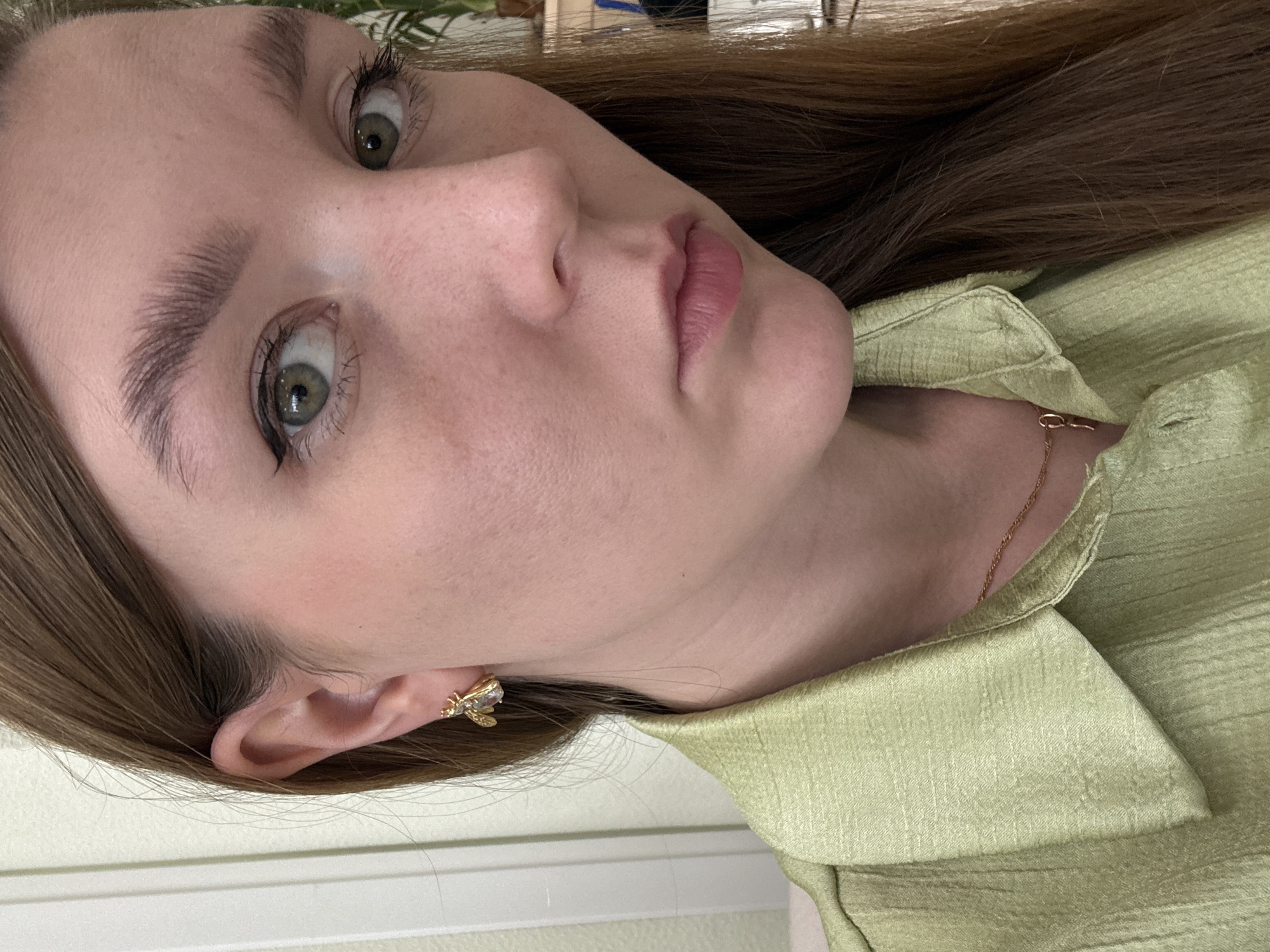 A medium shot of a fair-skinned woman with brown hair, green eyes, and full eyebrows. She is wearing a light green shirt with a collar and a gold chain necklace. A bee-shaped earring is visible on her left ear. The background is a white wall with a blurred view of a plant. No location details.