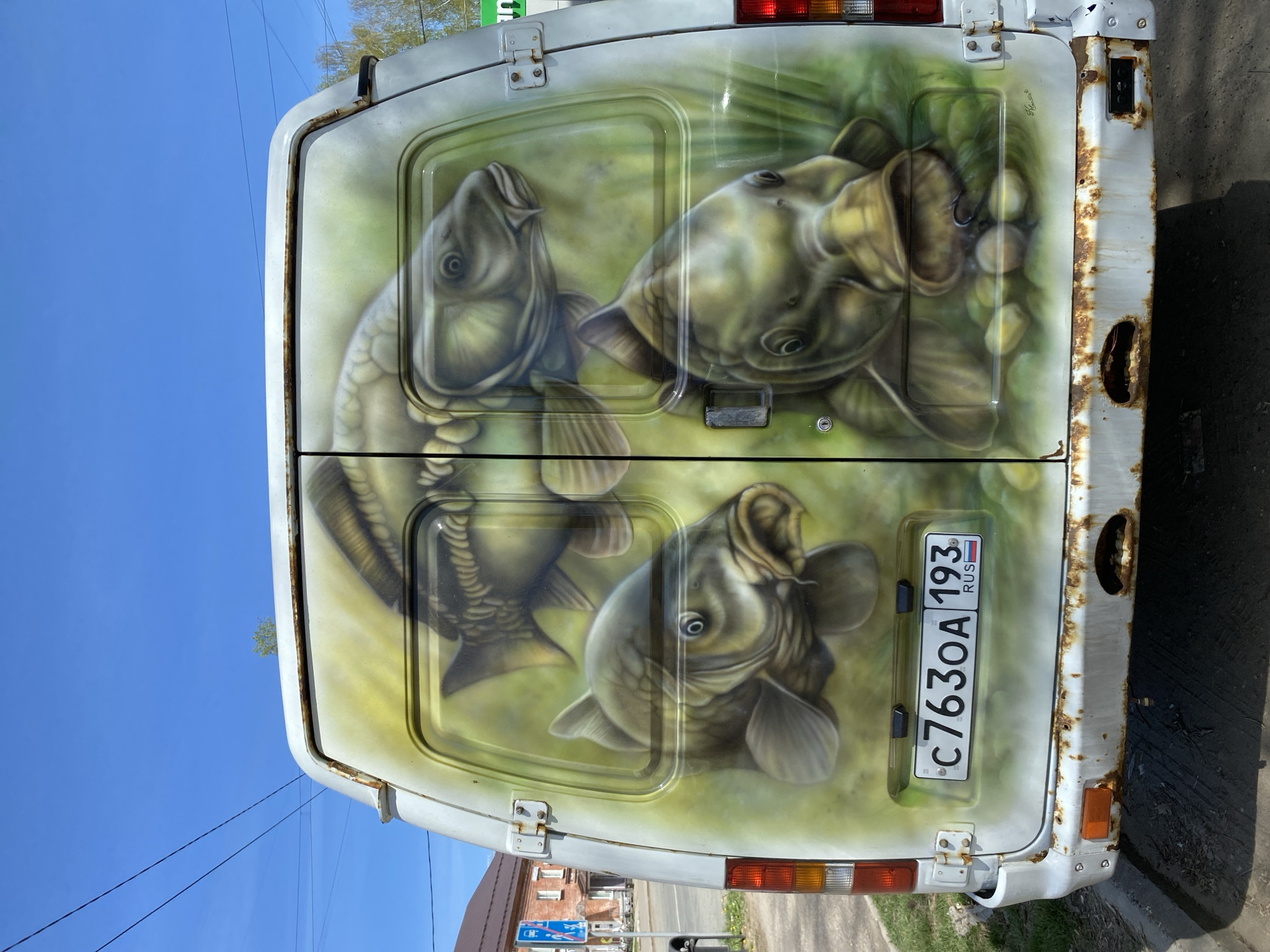 The image depicts the rear doors of a white van, featuring an airbrushed mural of three fish, likely carp, set against a green aquatic background. A Russian license plate is visible, reading "C763OA 193 RUS." The van appears to be parked outdoors, likely in Chaikovsky, Russia, as the license plate is from that region. The paint on the van shows signs of rust and age. A building and a road sign are visible in the blurry background, suggesting an urban or suburban setting.