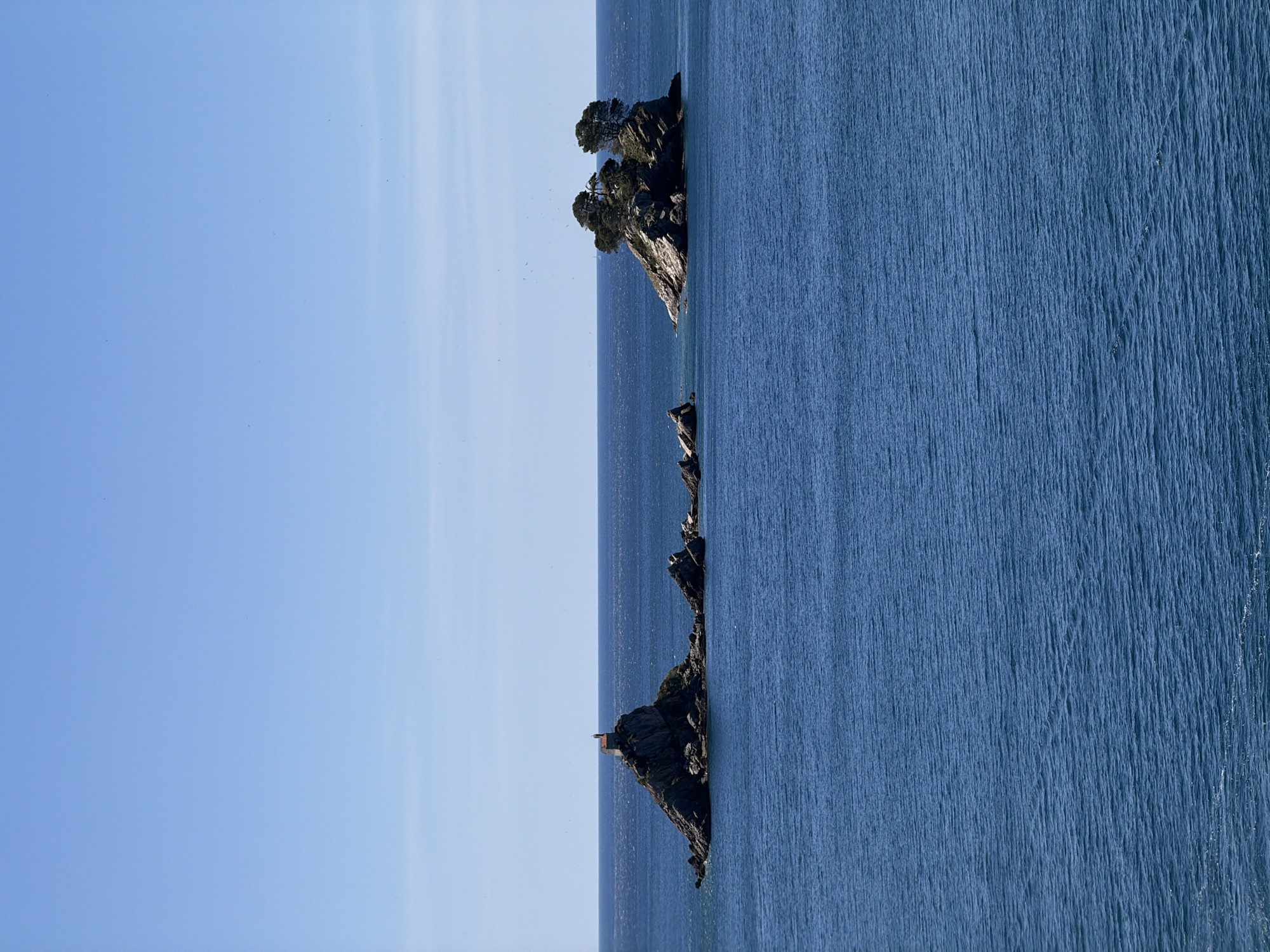 The image shows a vertical view of the coast in Mirište, Montenegro. A rocky landmass is centered, extending from the bottom to near the top. The landmass features jagged rocks and sparse vegetation, including trees at the top. To the left of the landmass is the sky, clear and blue. To the right, the ocean extends. The water's surface shows a textured pattern of waves and slight ripples. A small structure, possibly a building, is visible on the lower part of the landmass.