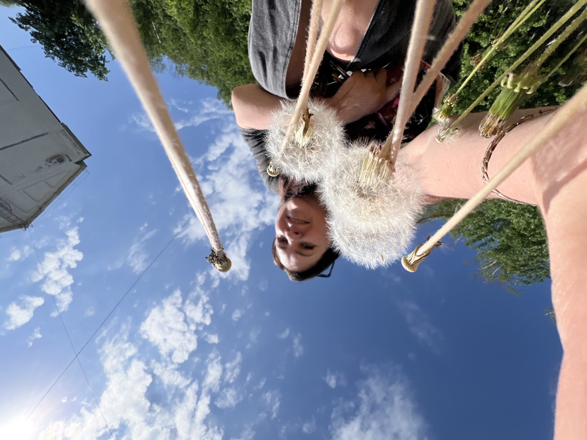 The image is an upward-facing perspective, showing a person holding dandelions against a partly cloudy blue sky. The person is positioned at the top of the frame, with their face visible between the dandelions. The background includes trees and a building, suggesting an outdoor location. The location is in the city of Noviy, Russia.
