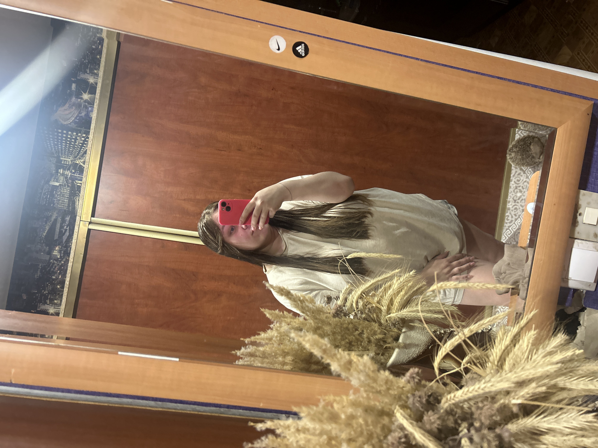 A person is holding a pink smartphone, presumably taking a photo in a mirror. The mirror has a wooden frame with stickers. The person has long brown hair and is wearing a light-colored shirt. In front of the mirror, there is a bouquet of dried plants. The background shows a wooden surface, and a wallpaper with a cityscape visible on the left. The location is presumed to be in Ольховка, Russia, based on external information.