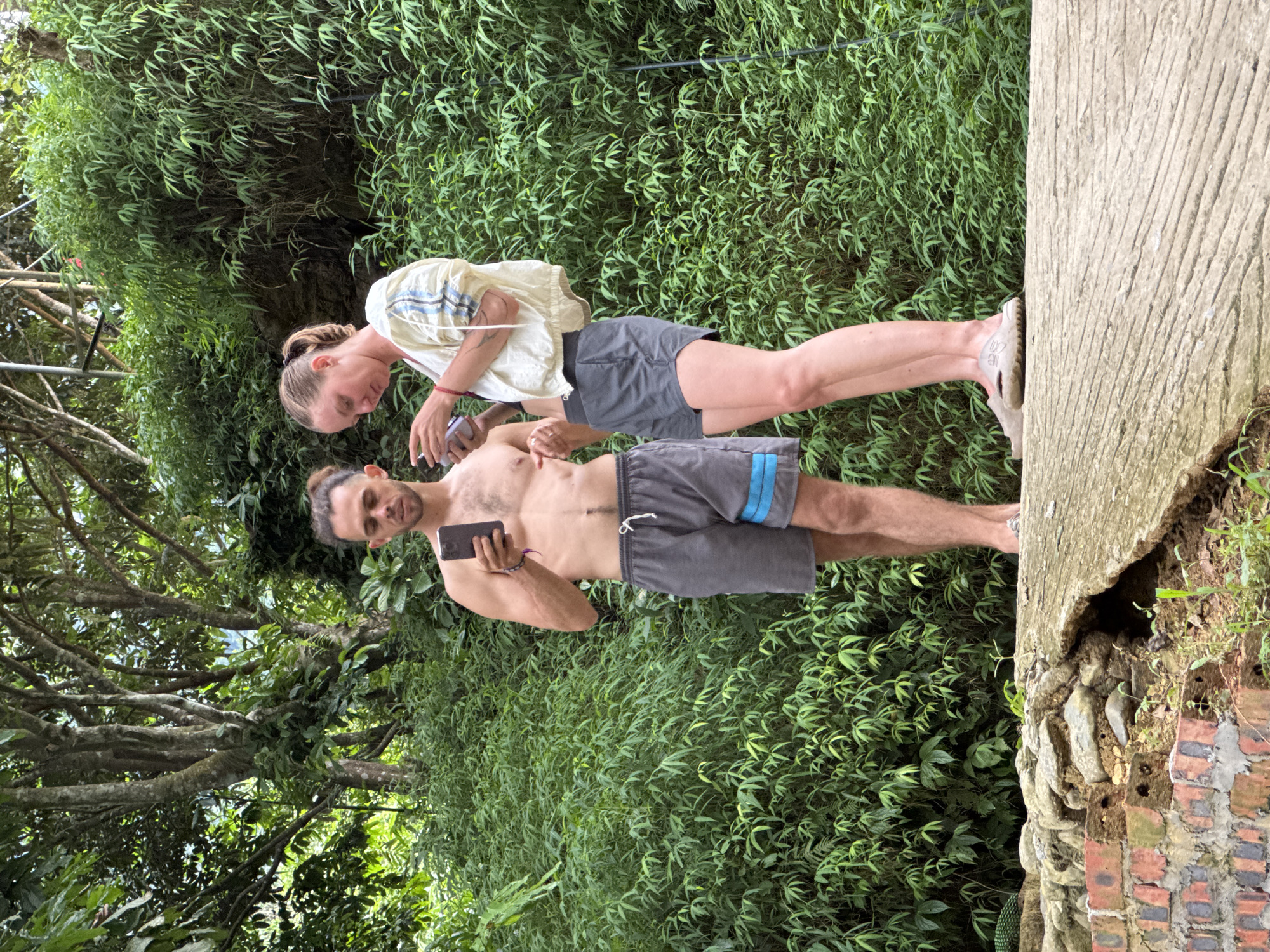A man and a woman are standing on a concrete pathway in a lush, green environment, possibly a park or forest, with dense foliage and trees. Both individuals are looking at their mobile phones. The man is shirtless, wearing grey athletic shorts with a blue stripe, and has his hair pulled back in a bun. The woman is wearing a light-colored jacket over a dark top and grey athletic shorts. The background is dominated by vibrant green bamboo and other leafy plants, with some visible tree branches and foliage overhead. The ground in the foreground consists of a cracked concrete surface next to a low brick wall and some rocks. A peacock with green plumage is partially visible on the left side of the frame, near the brick wall. The lighting suggests it is daytime, with diffused sunlight filtering through the trees. The overall scene conveys a casual moment of individuals engaged with their devices amidst a natural setting. The location is specified as Cổ Lũng Commune, Vietnam.
