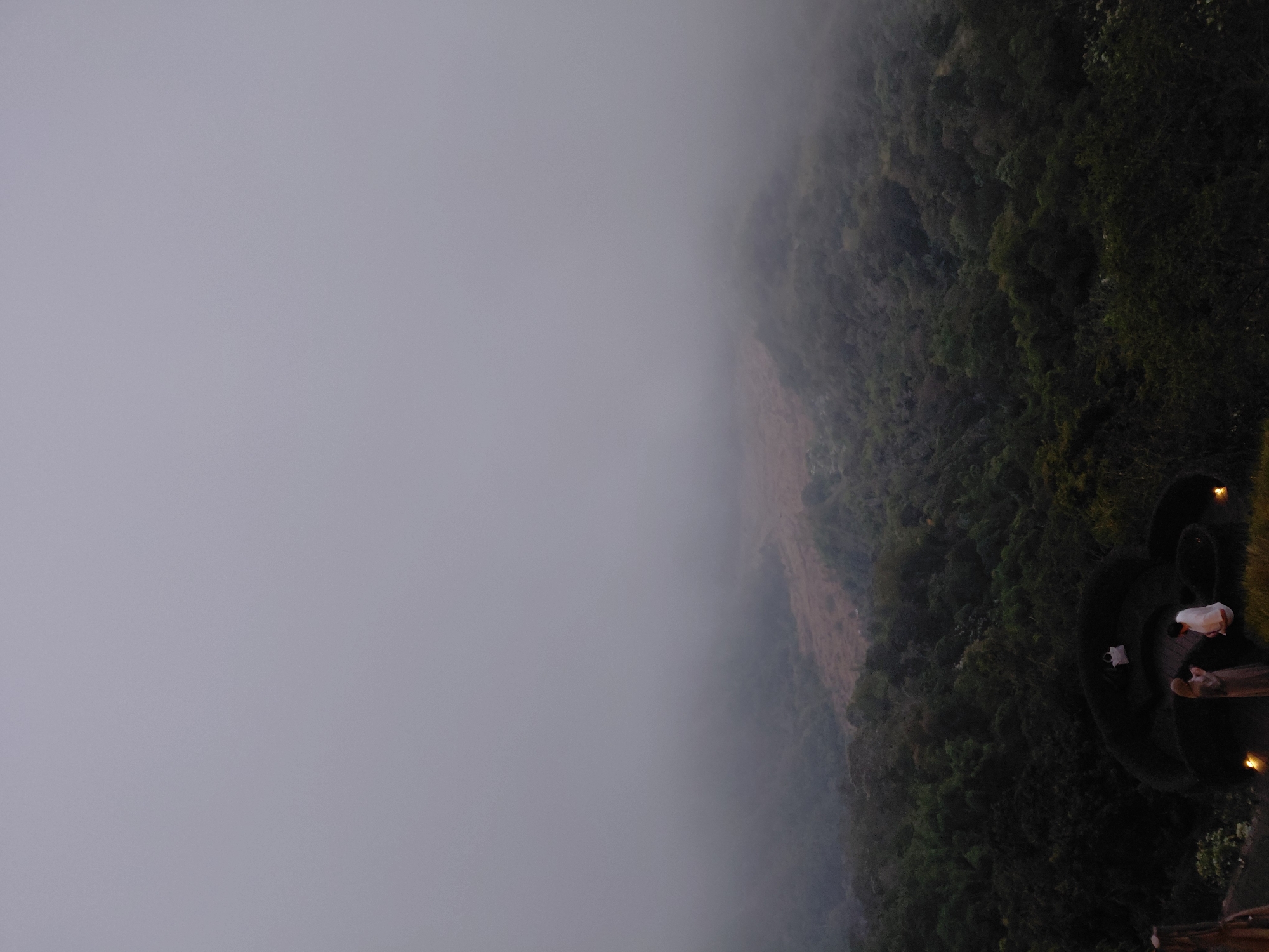 The image captures an aerial view of a misty mountainous landscape, with dense green foliage covering the slopes. The fog obscures the lower parts of the scene, creating a soft, ethereal atmosphere. In the foreground, a uniquely shaped structure, possibly a viewing deck or an art installation, is visible. This structure is dark and curved, resembling a stylized ear or a similar organic shape.
On the deck, two individuals are present. One person, wearing white clothing, is standing and appears to be looking out at the misty vista. Another person, partially visible, is seated or leaning. Small, warm lights are embedded around the structure, providing subtle illumination against the darkening sky.
The scene suggests it is either early morning or late evening, given the low light and the presence of fog, which is common in highland regions during these times. The lush greenery indicates a tropical or subtropical climate. The overall mood is serene and contemplative, with the mist adding a sense of mystery and isolation to the stunning natural scenery. The location is identified as Kintamani, Indonesia, known for its volcanic landscapes and crater lakes.