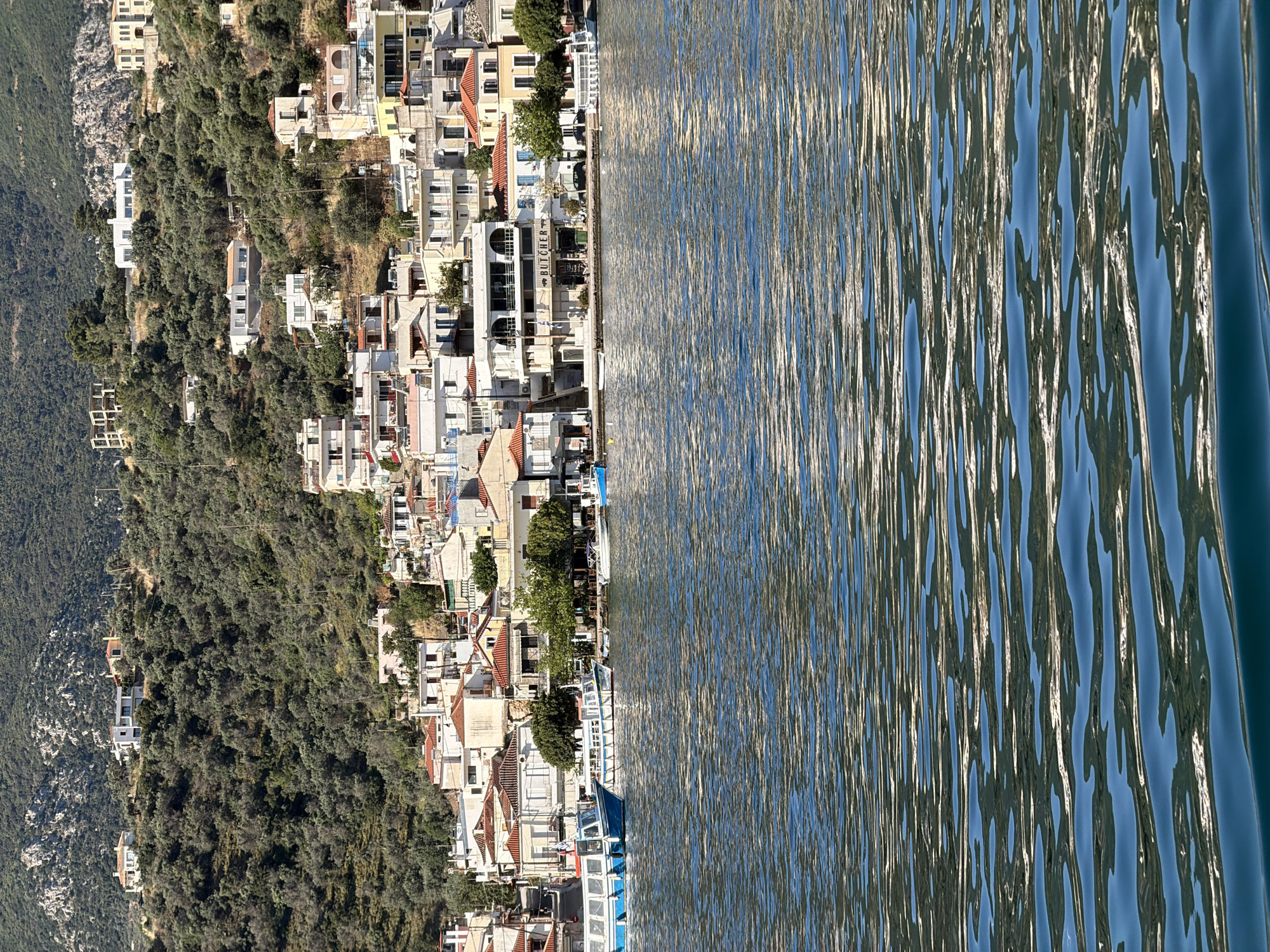 The image depicts a section of the city of Poros, Greece, with a shoreline view. On the left is a hillside covered with trees and scattered buildings. To the right of the hillside is a row of buildings, clustered close together. On the right is water.