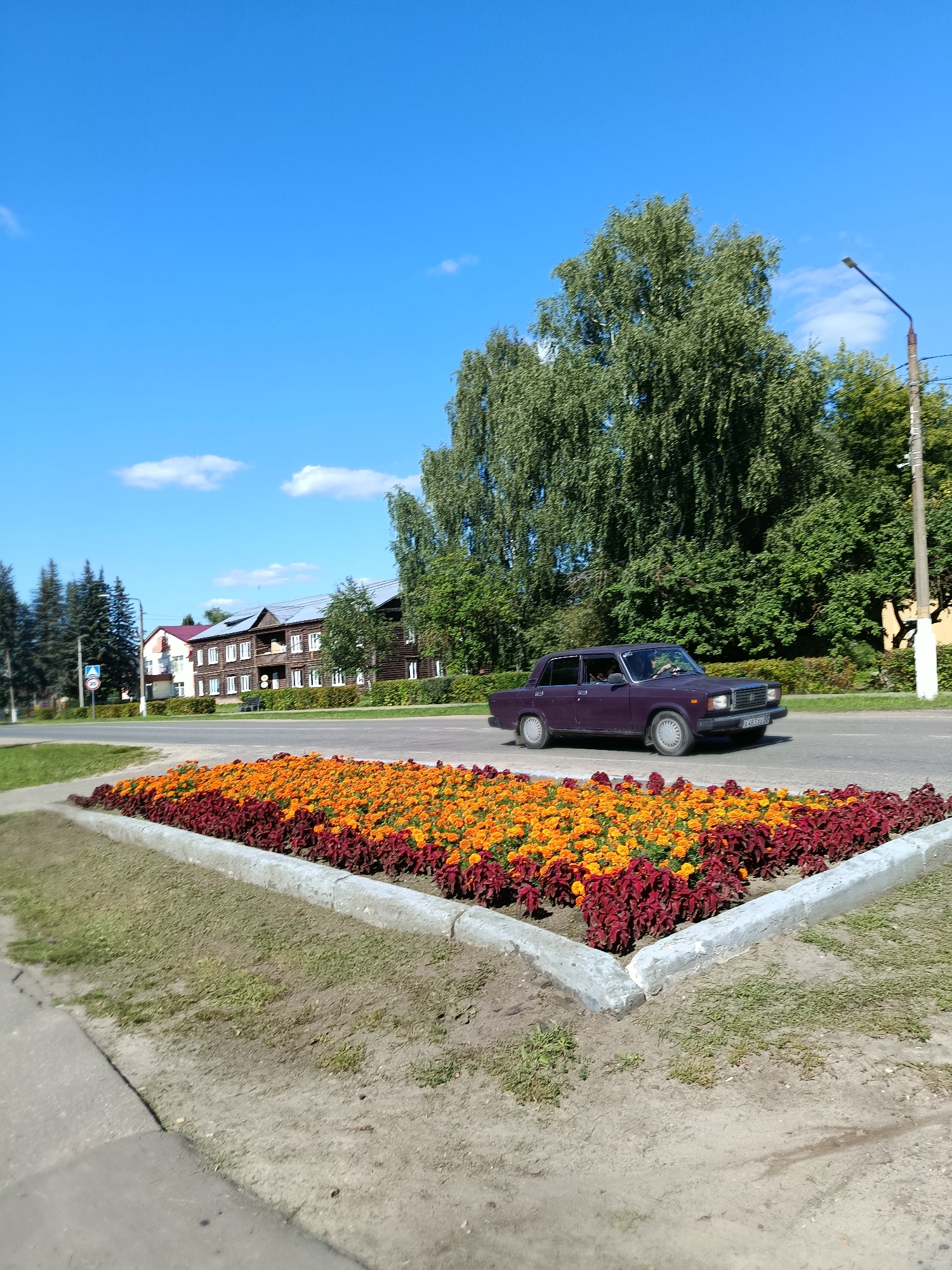 The image shows a sunny day in Vereya, Russia. A purple sedan is driving on a paved road in front of a long, multi-story wooden building with white-framed windows. In the foreground, there is a flower bed with rows of orange and red flowers bordered by a concrete curb. Tall green trees are visible behind the building and along the road. The sky is clear blue with a few scattered white clouds. A street light is visible on the right side of the image.