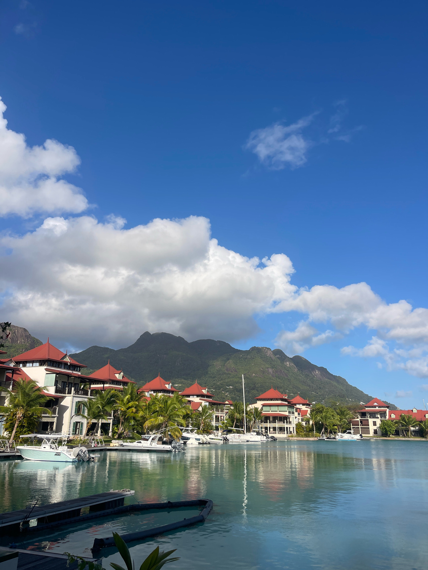 The image depicts a serene waterside scene in Providence, Seychelles. A body of turquoise water occupies the foreground, reflecting the sky and surrounding structures. Moored in the water are several boats of varying sizes, most of which are white with some sporting blue accents. Some are docked at a dark-colored pontoon.
Behind the water, a row of elegant buildings with red tiled roofs stretches along the waterfront. These structures appear to be multi-story with white facades, featuring balconies and large windows. Palm trees are interspersed between the buildings, adding to the tropical ambiance.
In the background, a range of lush, green mountains rises majestically. The sky above is a vibrant blue, dotted with fluffy white clouds. The overall impression is one of a tranquil, upscale resort or residential area, bathed in bright daylight. There are no people visible in the image.