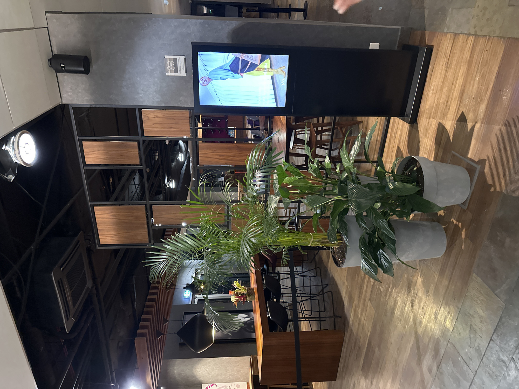 The image depicts an indoor scene in what appears to be a cafe or restaurant. The scene is dominated by two large potted plants, one resembling a palm and the other a peace lily. The plants are placed in front of a black digital display showing an advertisement or promotional content. The floor is made of wooden planks, giving the space a warm, inviting atmosphere.
In the background, there is a decorative wooden frame dividing the space, and chairs can be seen, suggesting a seating area. A black ventilation system is attached to the ceiling.
The lighting is a mix of natural and artificial, with spotlights directed towards the plants. The overall atmosphere suggests a modern and well-designed interior. While the exact location in Wrocław, Poland, is not specified, the scene strongly resembles a contemporary dining or lounge area.