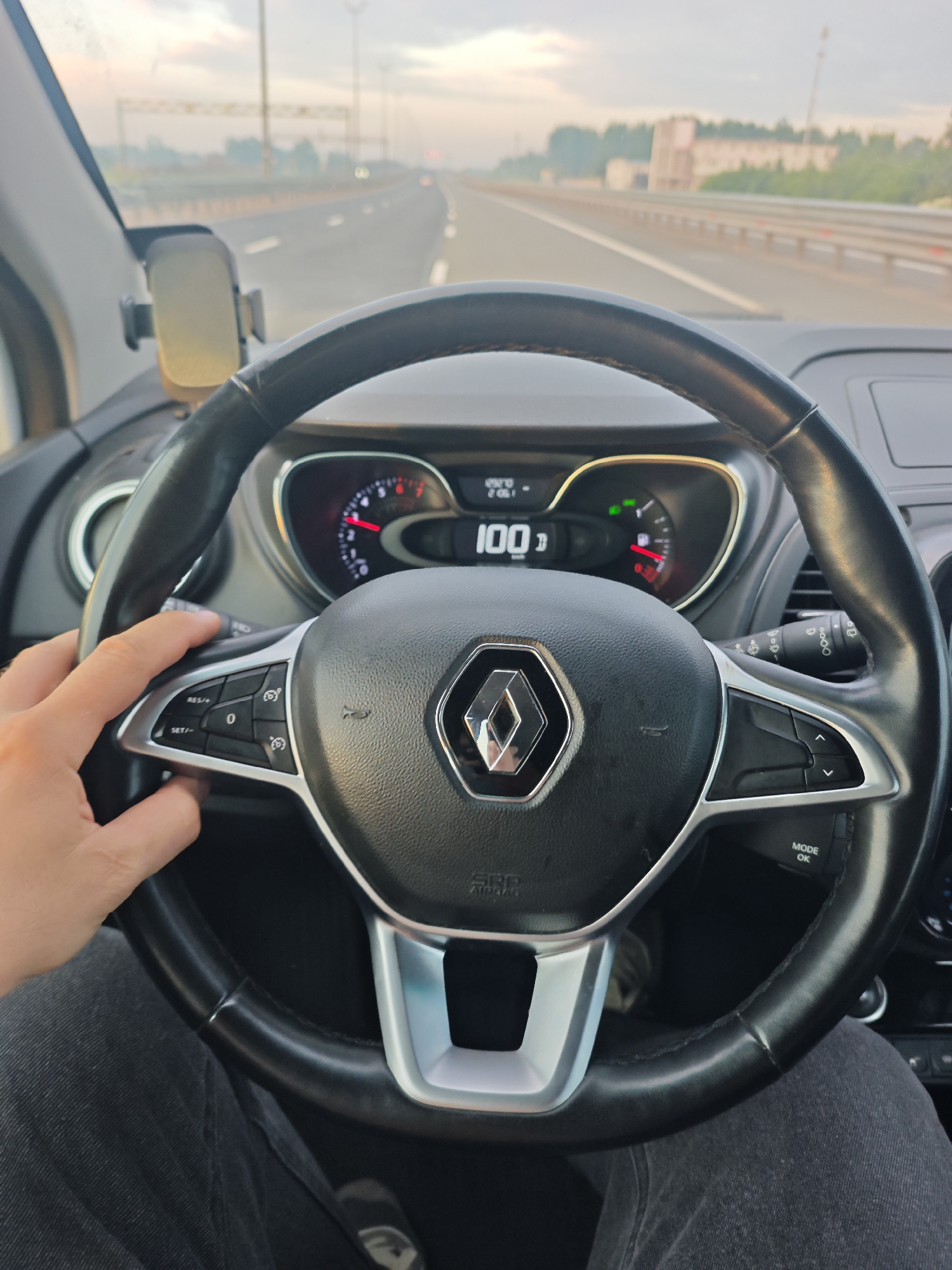 A first-person perspective shot shows a person driving a car on a highway. The steering wheel, dashboard, and speedometer are visible, indicating a speed of 100 km/h. The road ahead curves to the left, with trees and a light pole visible in the distance. The sky is overcast, and the overall lighting suggests it is either early morning or late afternoon. The car appears to be in motion, as indicated by the speedometer reading and the blurred background. The location is identified as Торфяное, Russia.