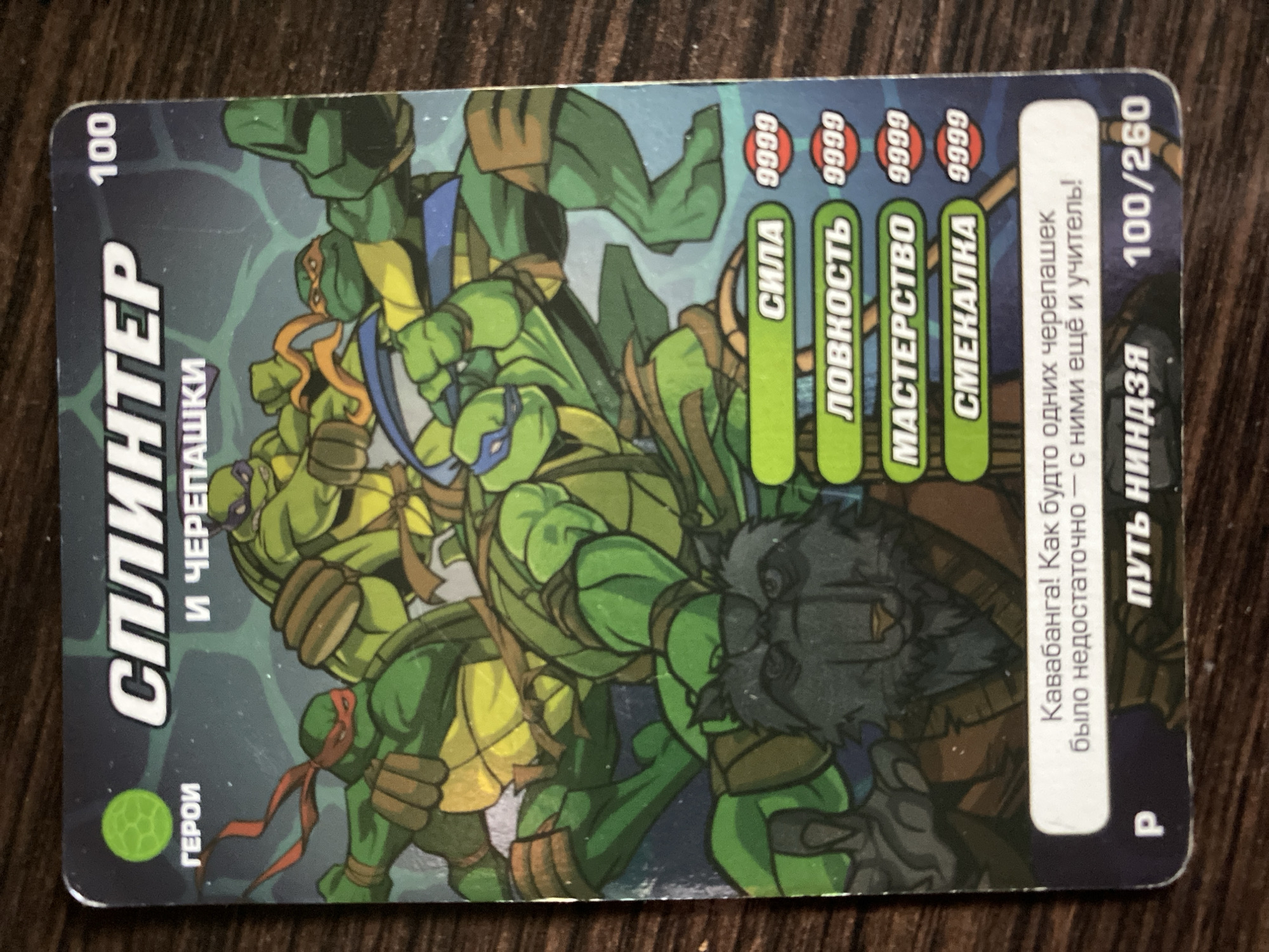 The image shows a trading card for the character Splinter and the Teenage Mutant Ninja Turtles. The text on the card is in Russian. The card features an illustration of the turtles and Splinter. The card includes the number "100/260" and stats: "сила 9999", "ловкость 9999", "мастерство 9999", "смекалка 9999." The card is photographed on a dark brown surface. There is no information in the image that places the card in the city of Kharkiv, Ukraine, or provides details about any specific location.