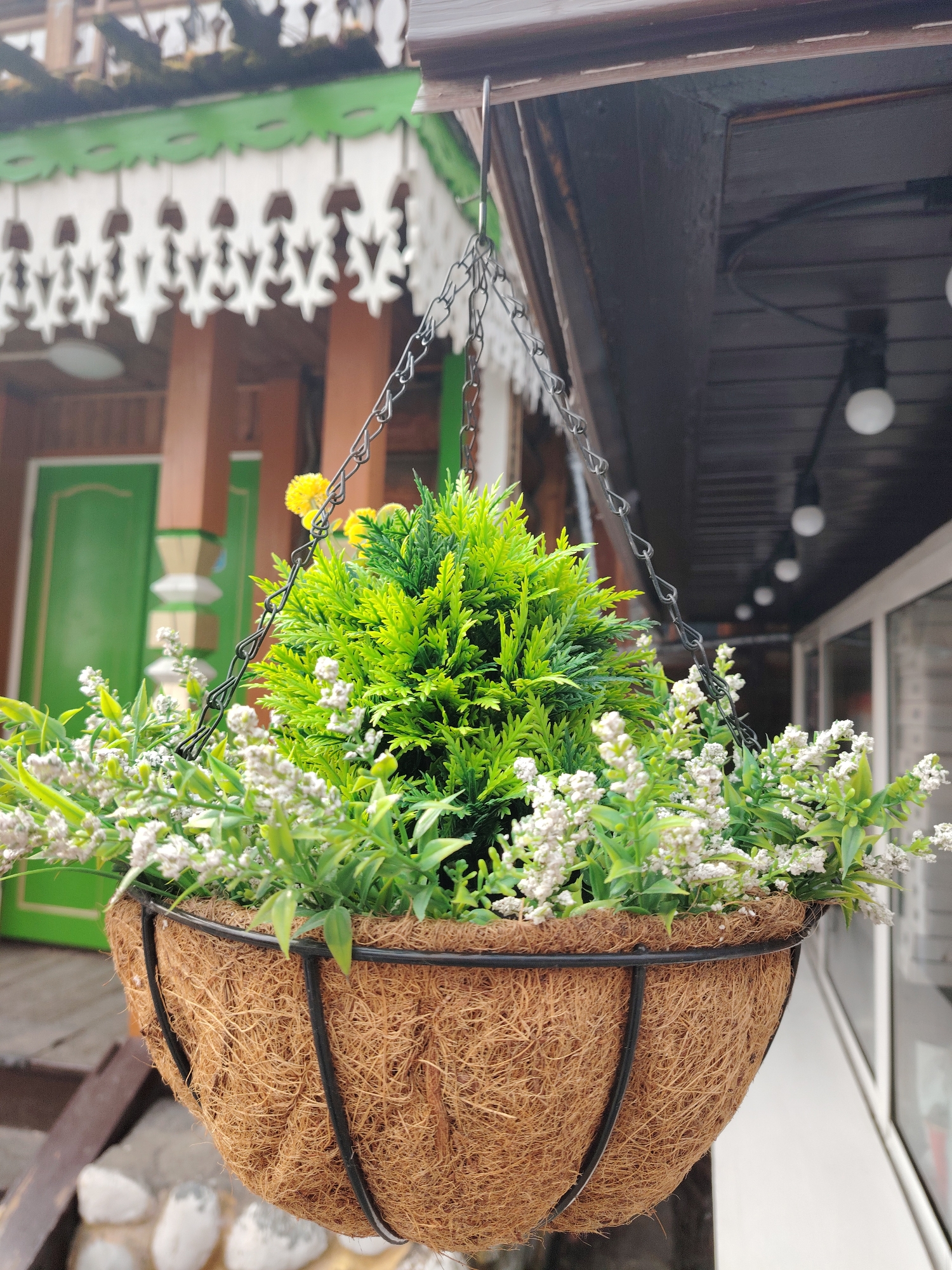 A close-up, eye-level shot features a hanging planter filled with artificial greenery and flowers, suspended against a blurred architectural background. The planter is a round basket lined with natural brown coco fiber, supported by a black metal frame. It is attached to an overhead structure by black metal chains.
Inside the planter, a vibrant, bright green artificial plant with dense, spiky foliage, resembling a small conifer or juniper, takes center stage. Surrounding this are numerous sprays of artificial white flowers with small, delicate blossoms and light green leaves. A yellow artificial flower is also partially visible near the top left of the planter.
The background is divided into two distinct sections. To the left, traditional architectural elements are visible, including a bright green wooden door, light brown wooden pillars, and an elaborate white wooden decorative trim with intricate, repeating cut-out patterns along the eaves of a building, which also has a green base under the white trim. To the right, a darker, more modern architectural section appears, featuring a dark soffit or ceiling from which several evenly spaced spherical white light fixtures hang. Below these lights, reflections suggest large windows or glass panels of a building.
The scene is brightly lit, consistent with daytime, possibly under an overhang. No specific activity is occurring. The combination of traditional and modern architectural styles, particularly the distinctive decorative trim, provides a location cue that aligns with the context of Moscow, Russia. No visible text is present.